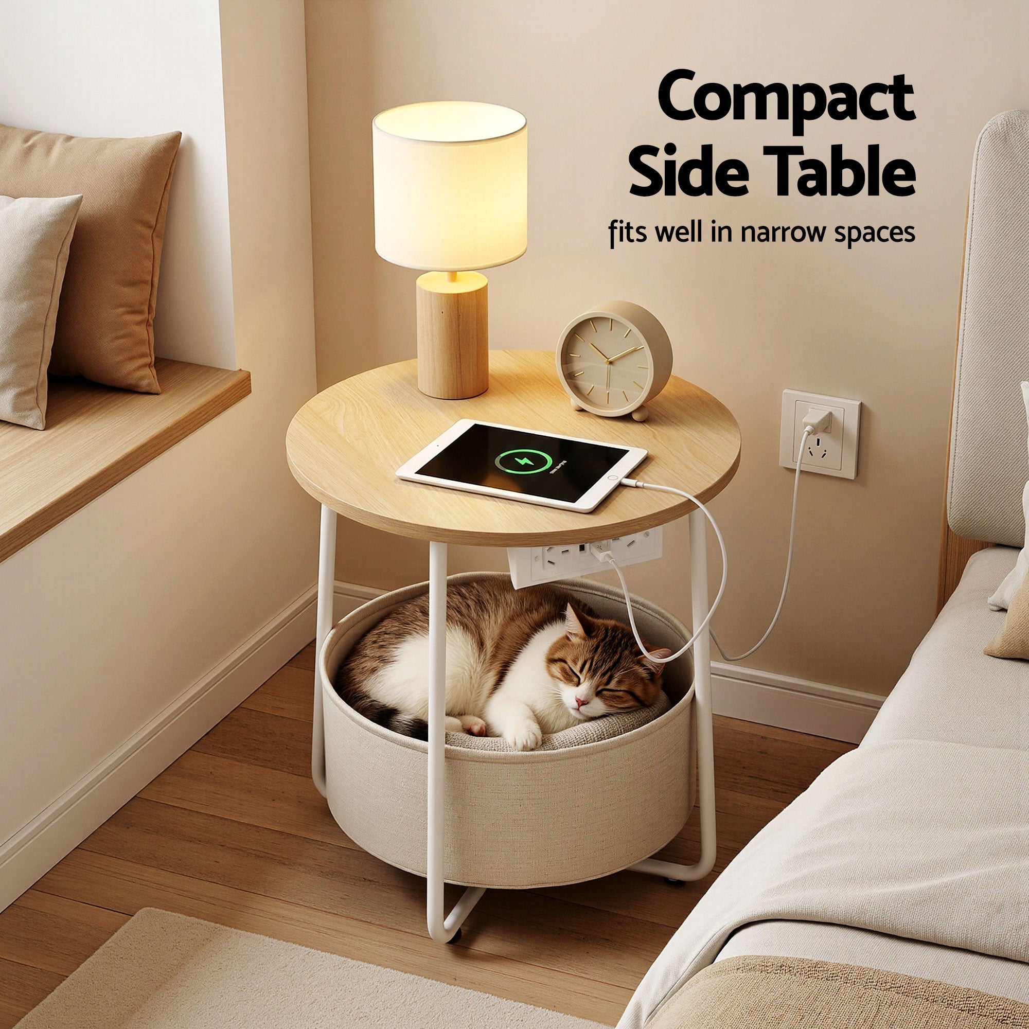 Artiss Round Side Table Charging Station Storage | Simpledeals