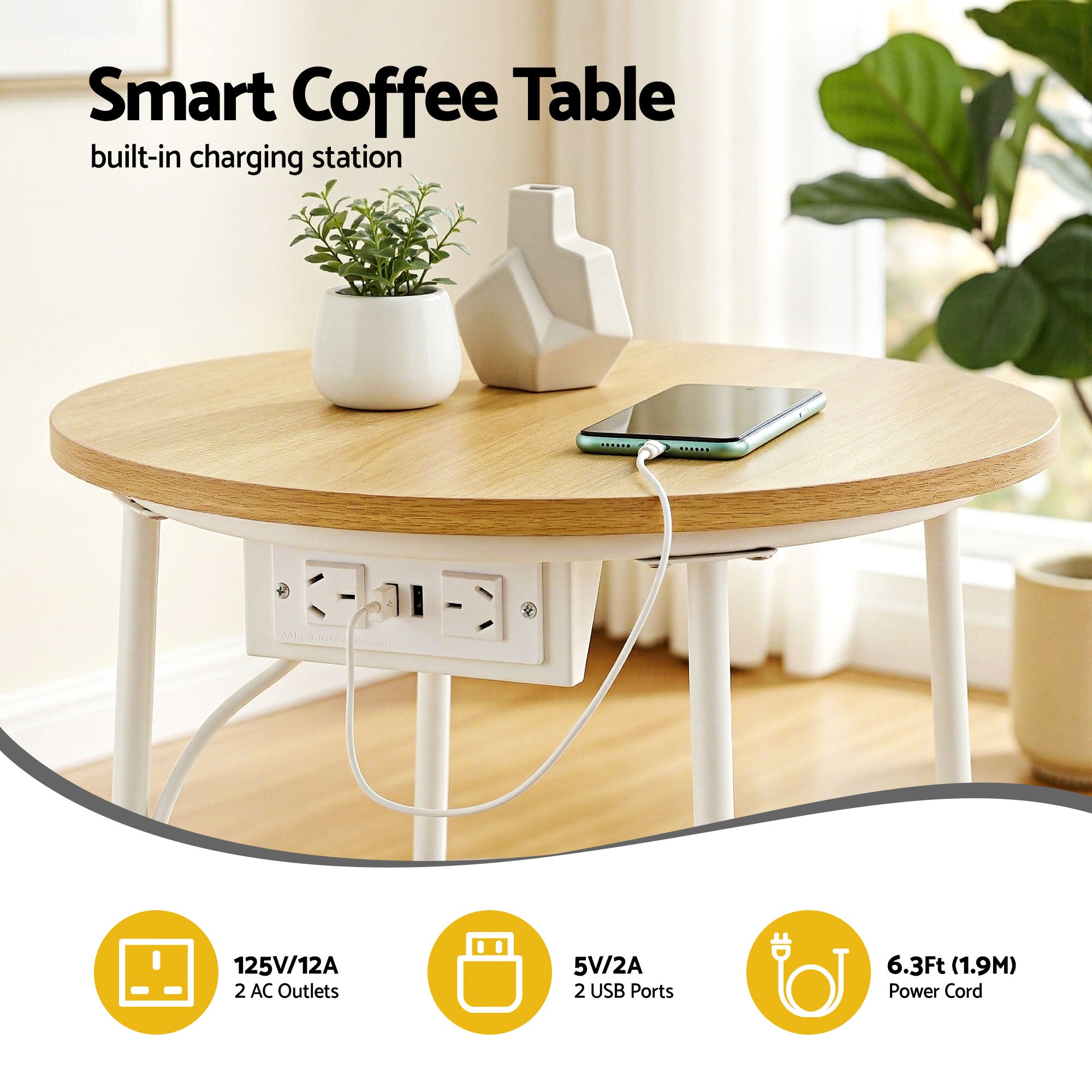 Artiss Round Side Table Charging Station Storage | Simpledeals