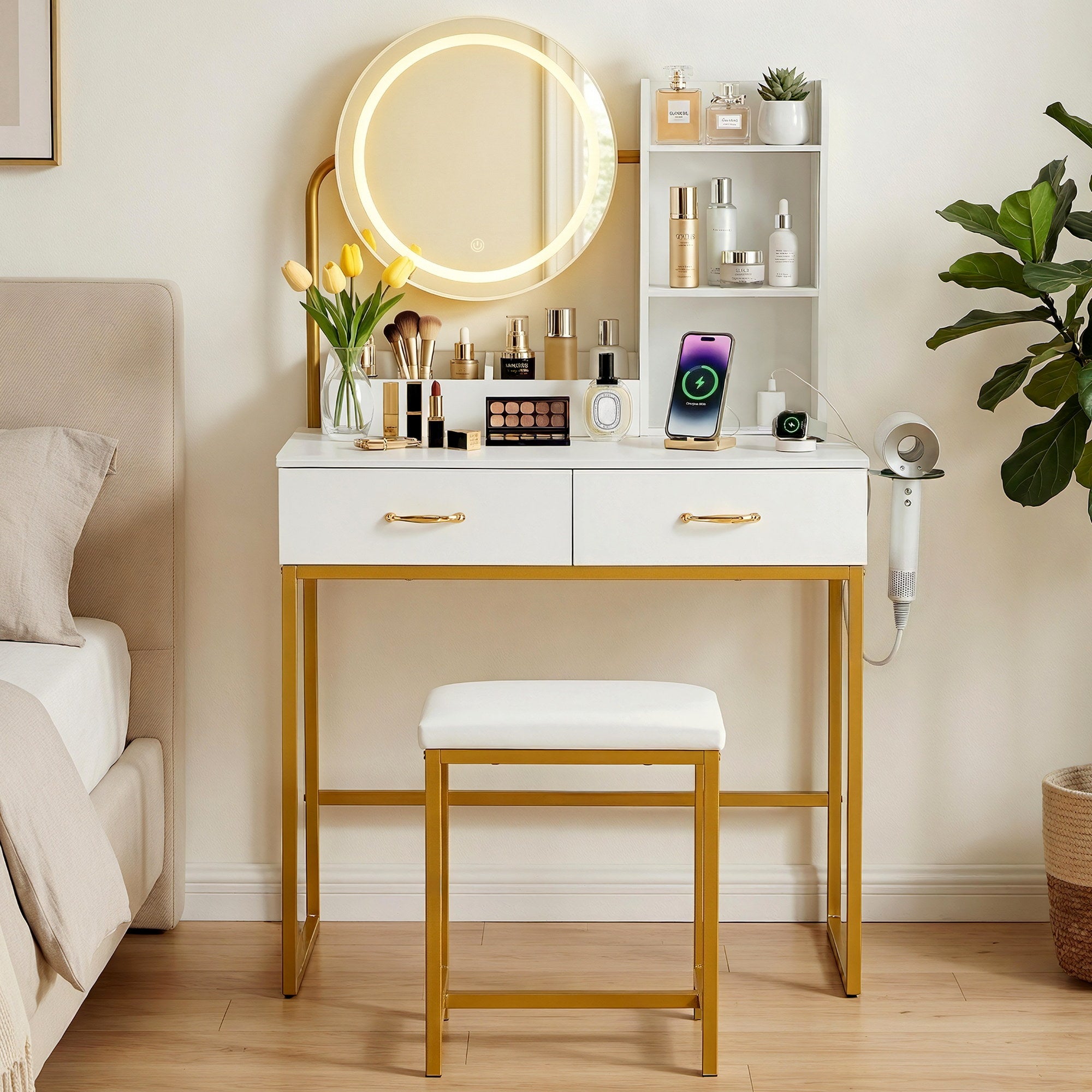 Artiss Dressing Table Vanity Set LED Stool White | Simpledeals