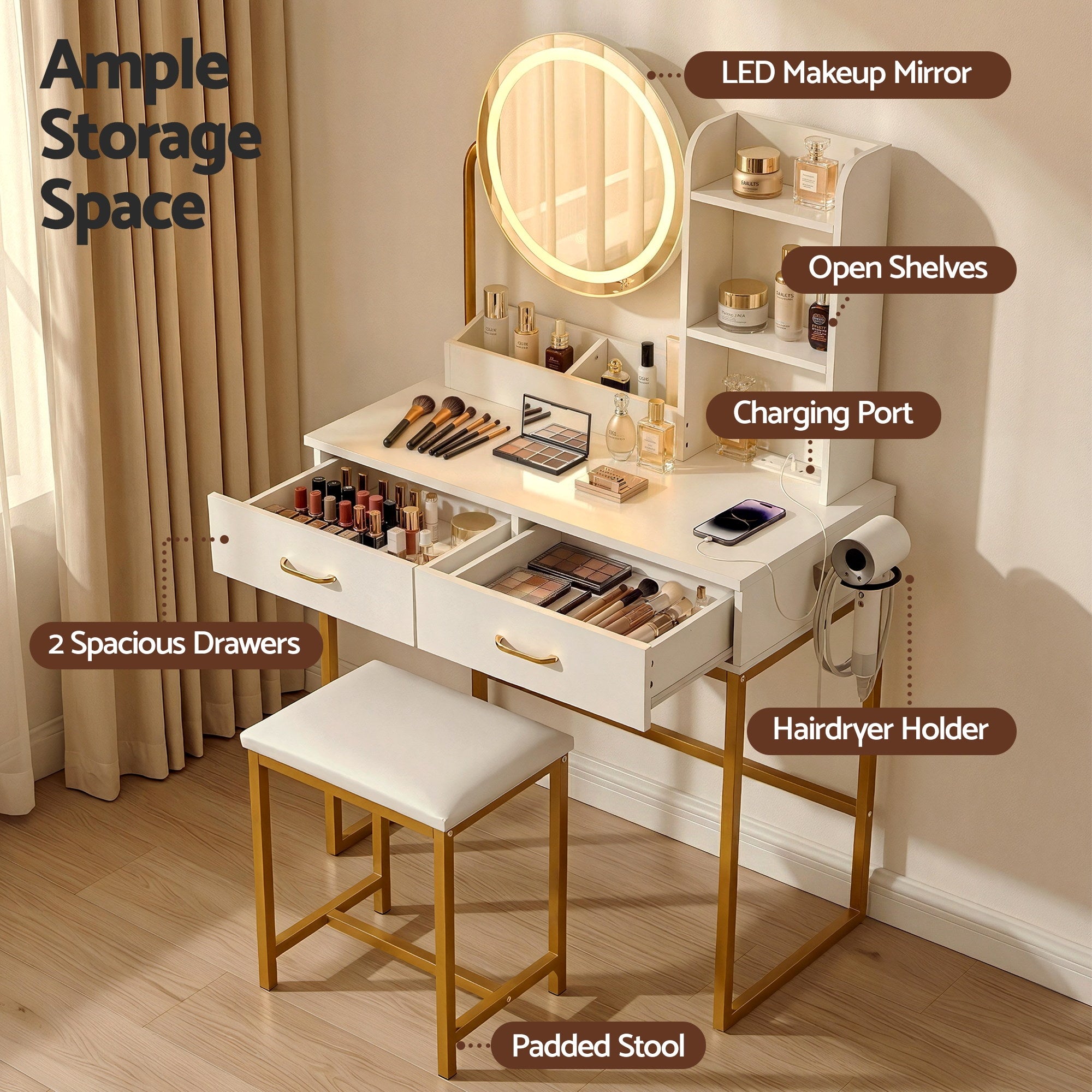 Artiss Dressing Table Vanity Set LED Stool White | Simpledeals