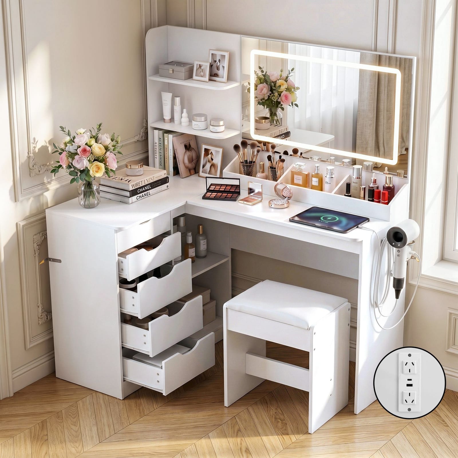 Corner Dressing Table Set White 120x80x135.5cm