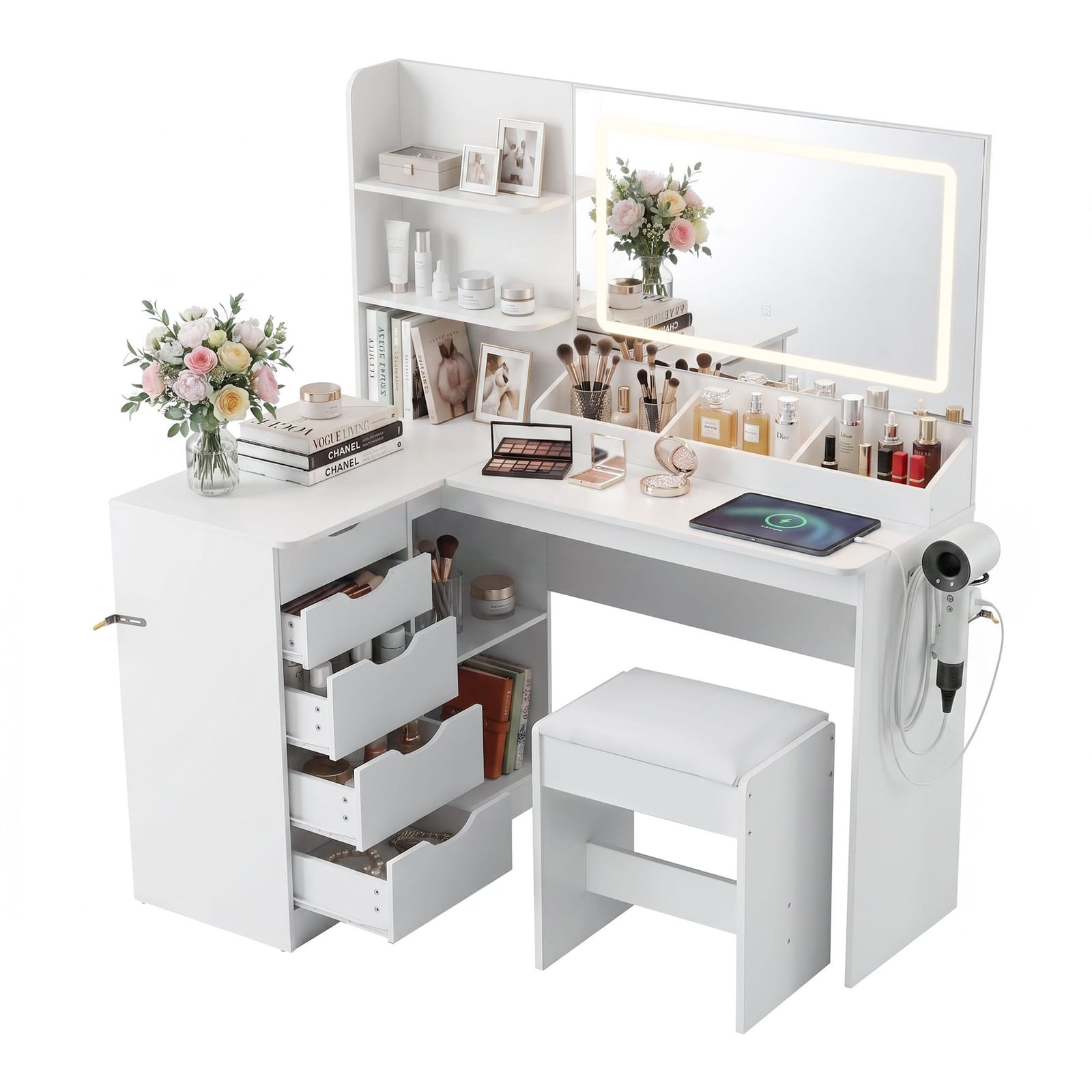 Corner Dressing Table Set White 120x80x135.5cm