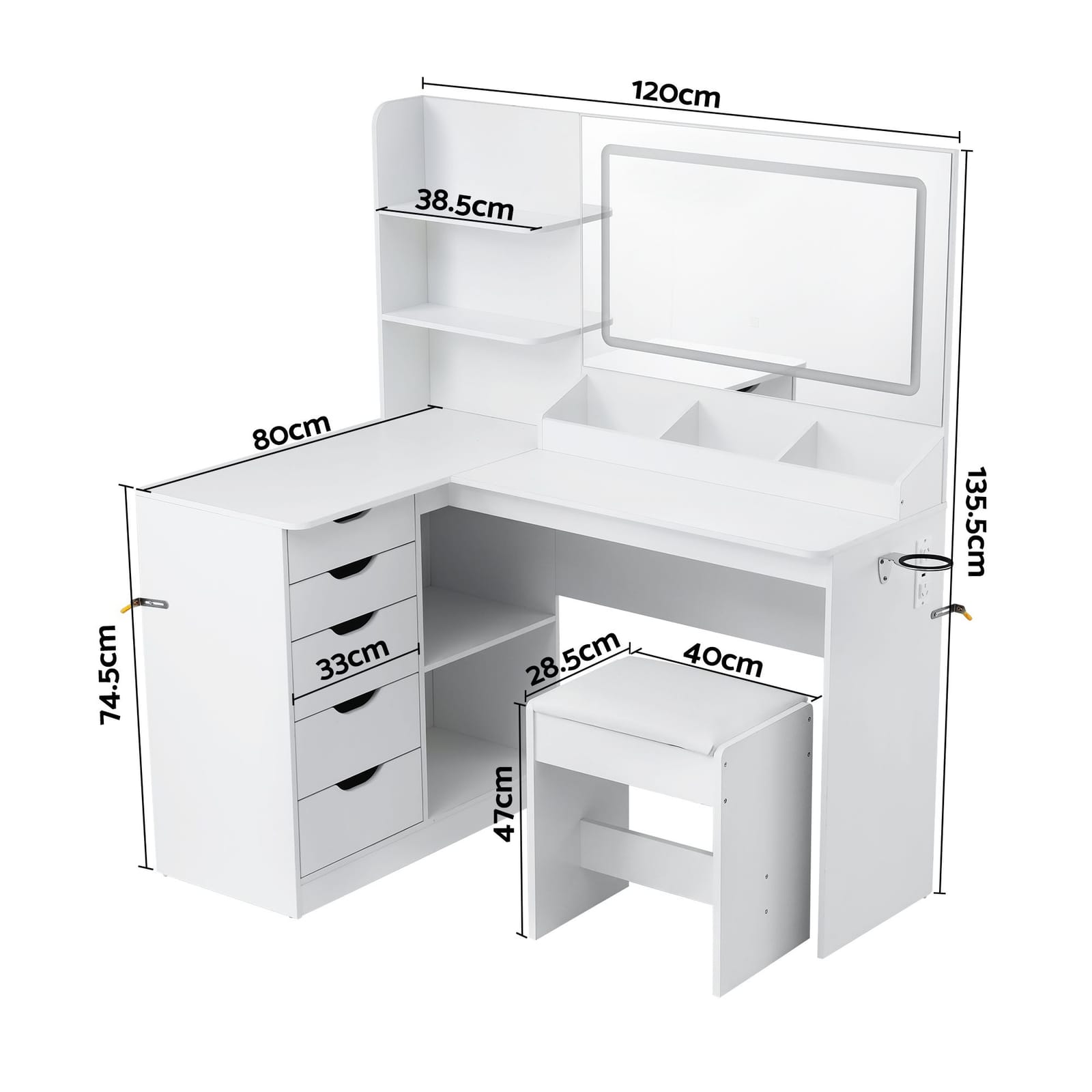 Corner Dressing Table Set White 120x80x135.5cm