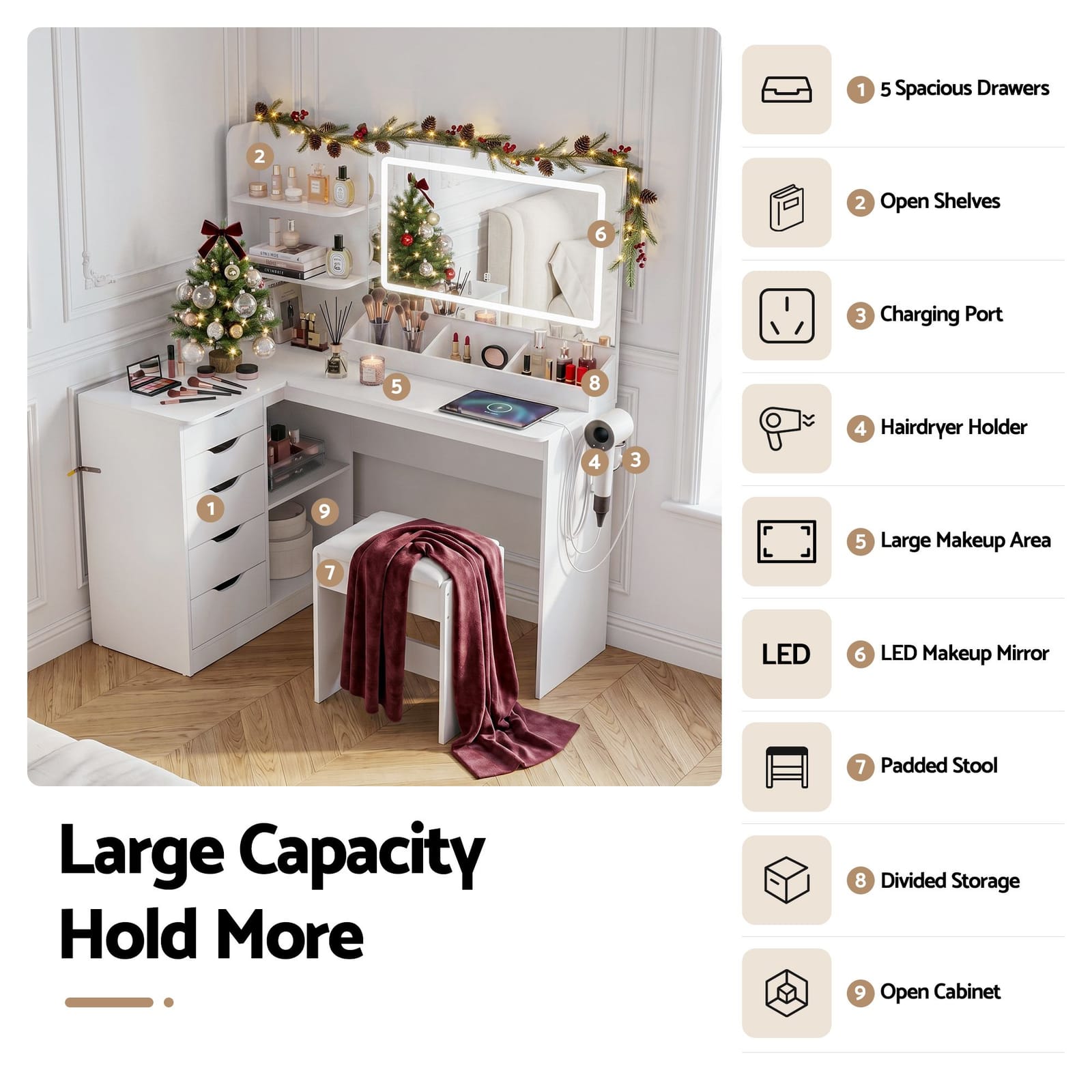 Corner Dressing Table Set White 120x80x135.5cm