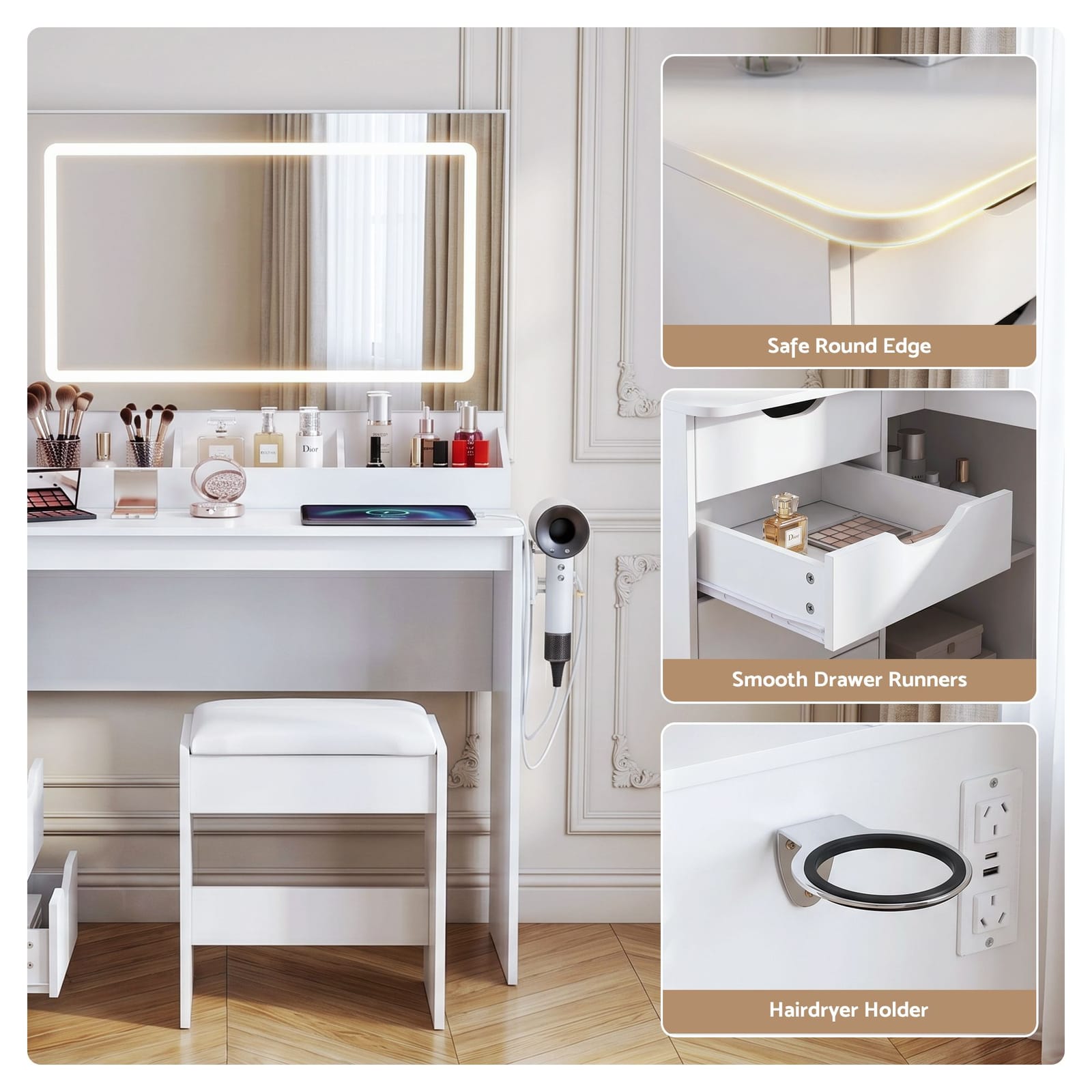 Corner Dressing Table Set White 120x80x135.5cm