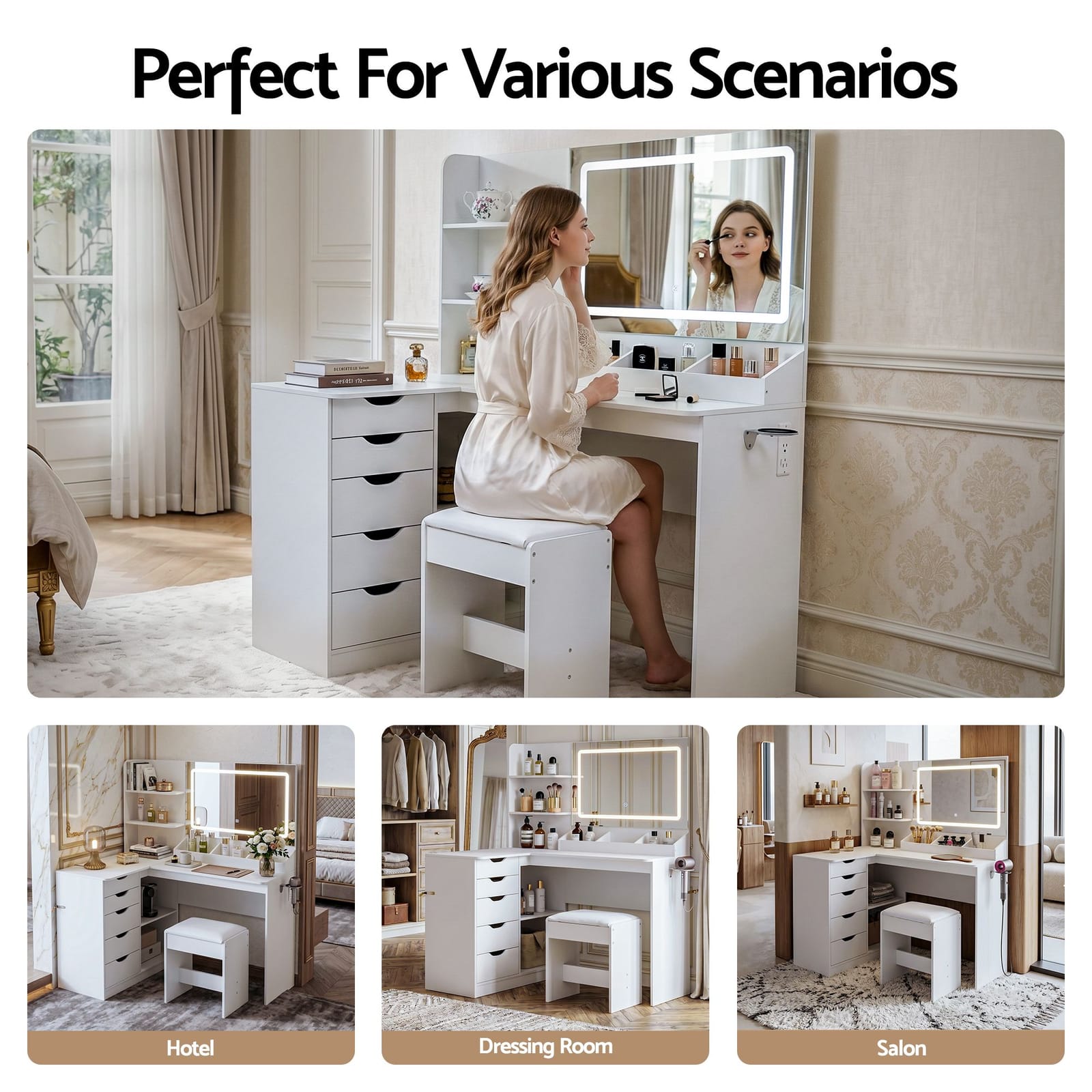Corner Dressing Table Set White 120x80x135.5cm