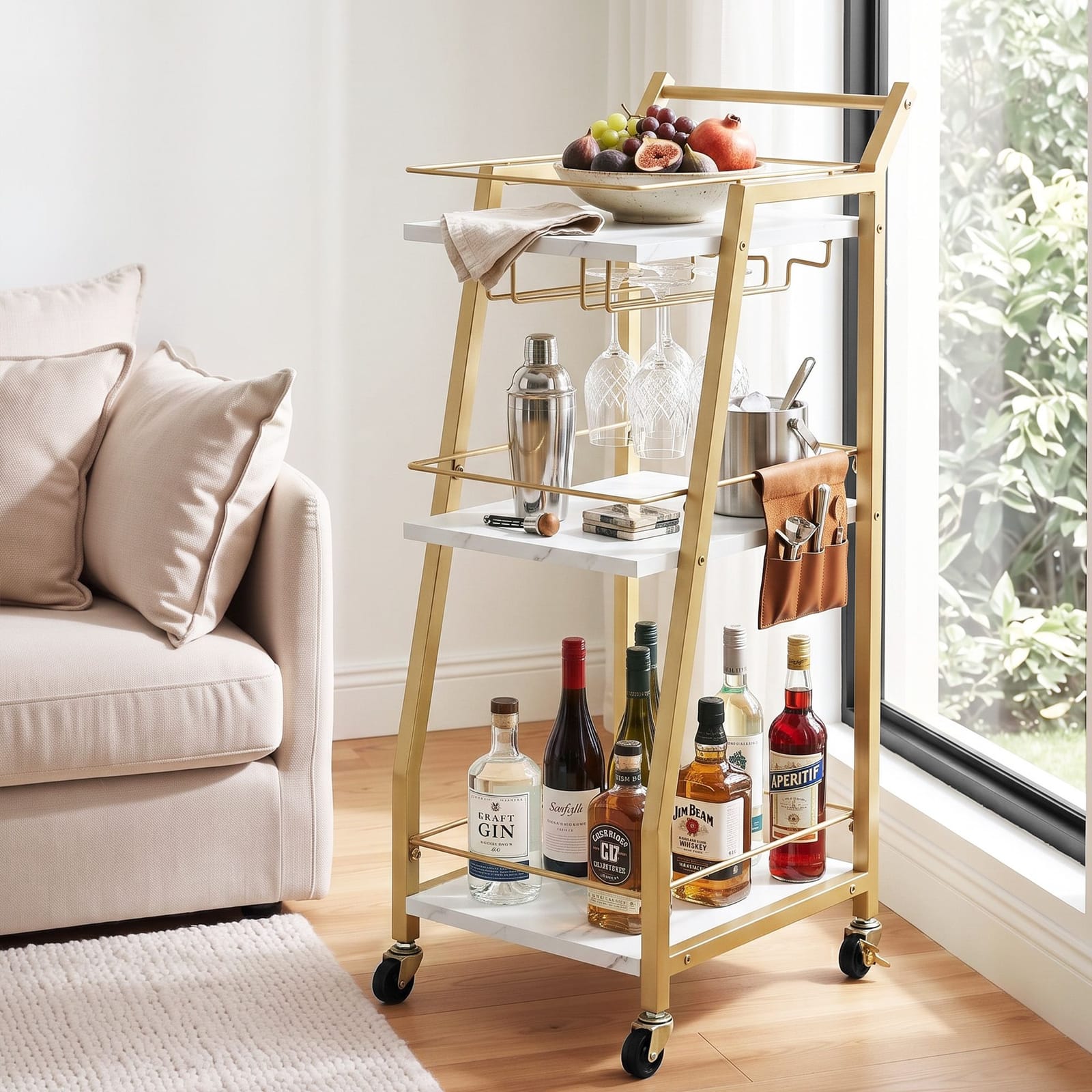 Marble Bar Cart Trolley 41x30.5x84cm