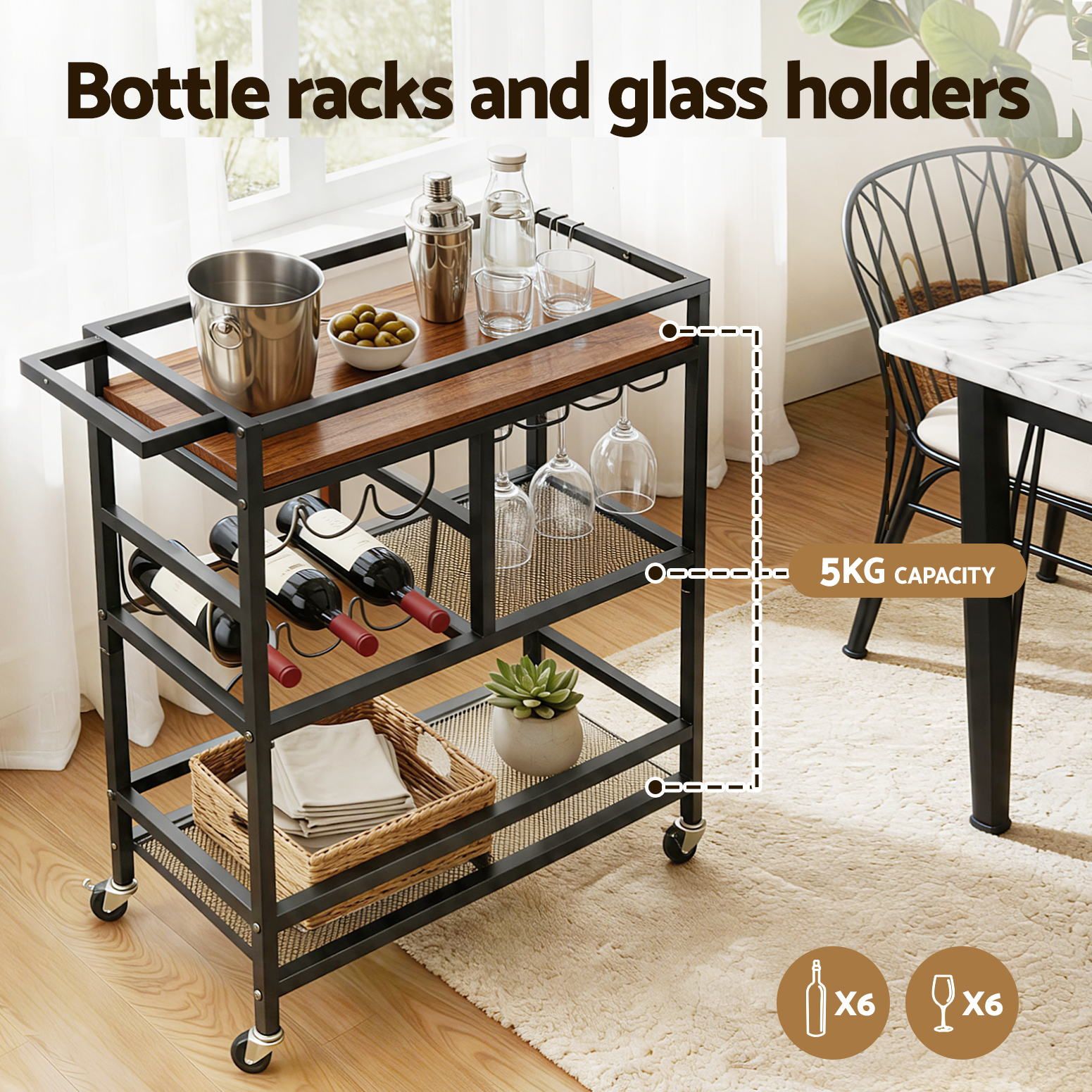 Black Bar Cart Drinks Trolley Wine Rack | Simpledeals