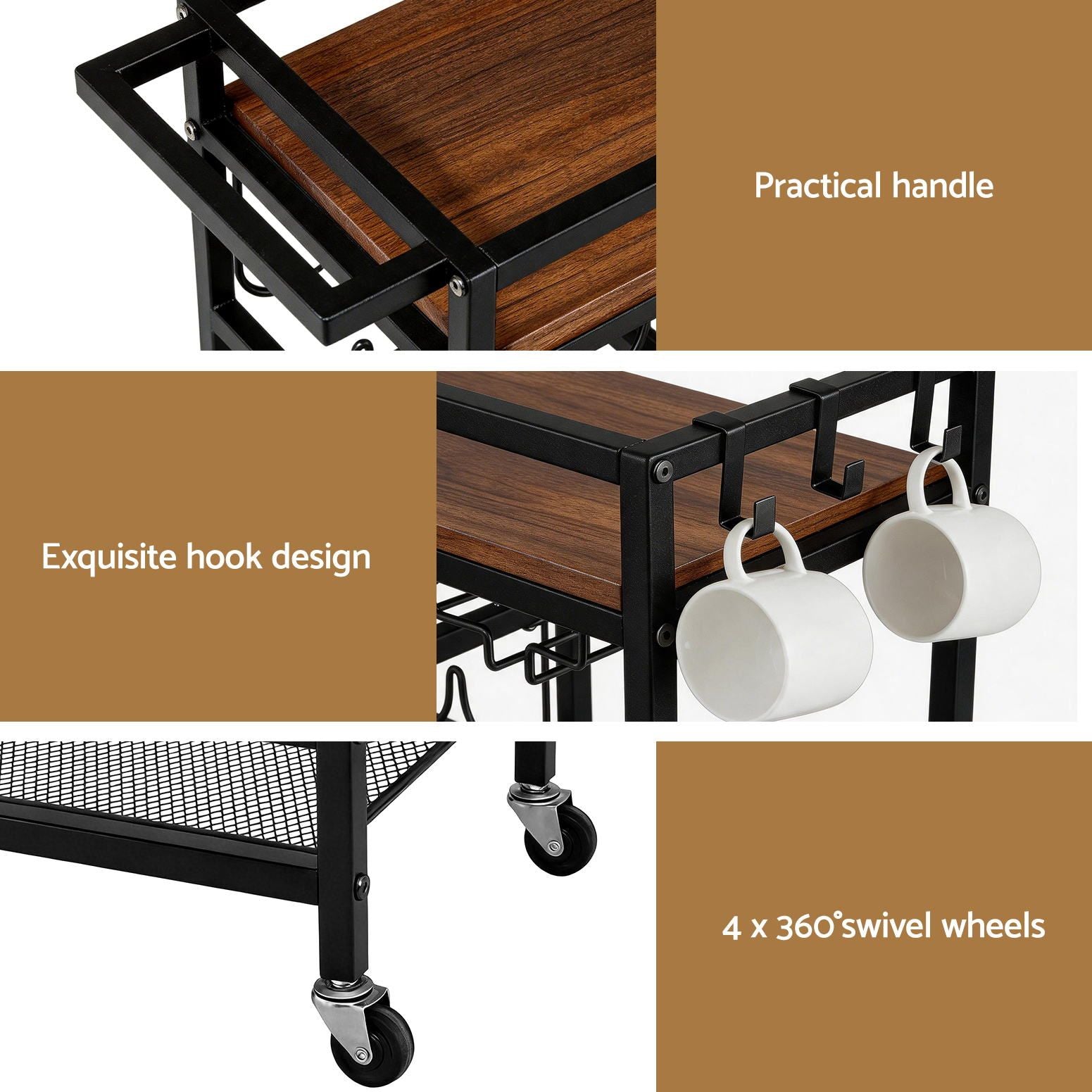 Black Bar Cart Drinks Trolley Wine Rack | Simpledeals