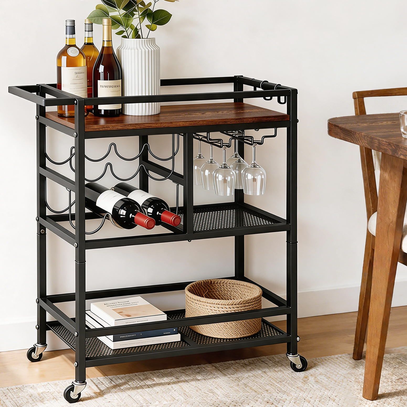 Black Bar Cart Drinks Trolley Wine Rack | Simpledeals