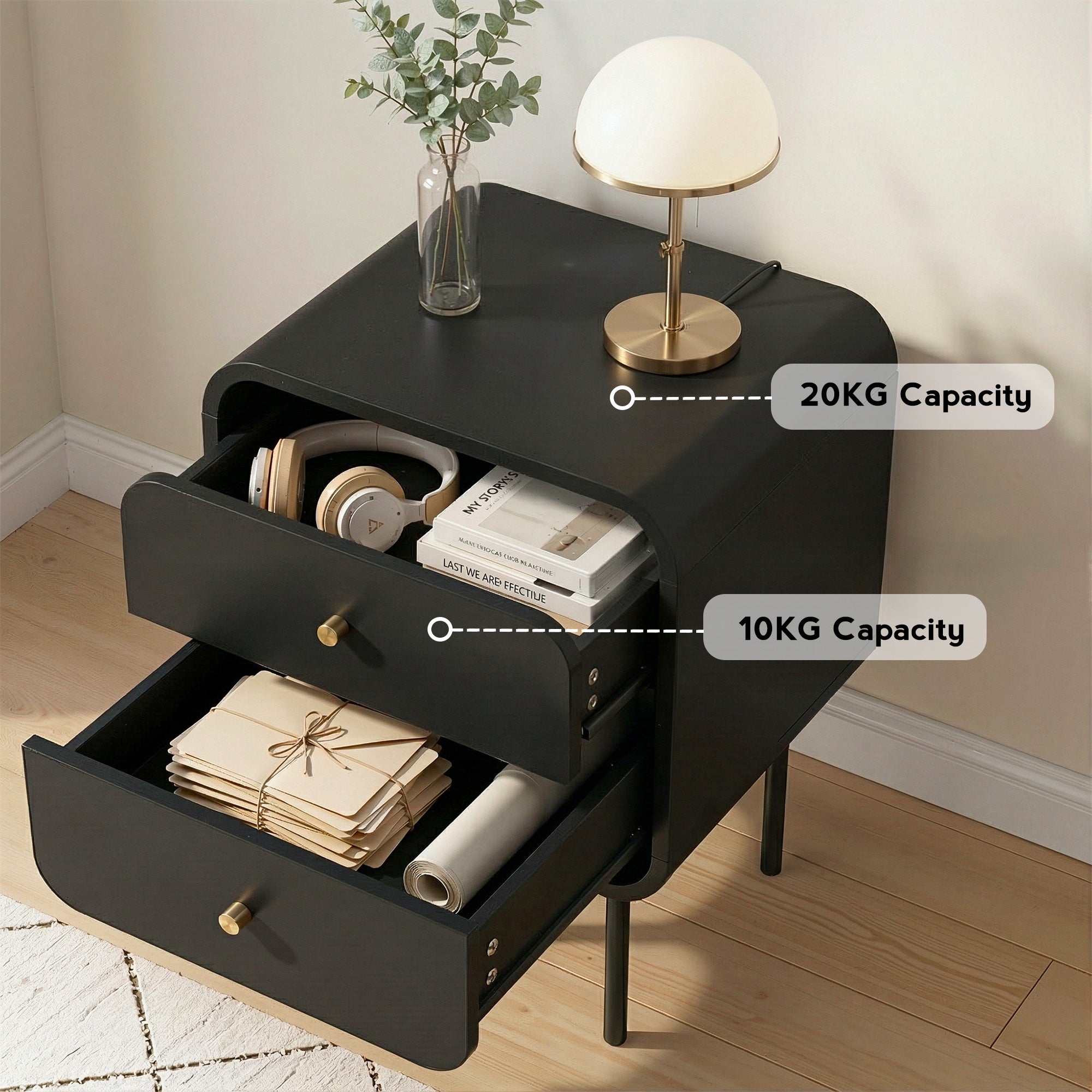 Artiss Bedside Table 2 Drawers Nightstand Black | Simpledeals