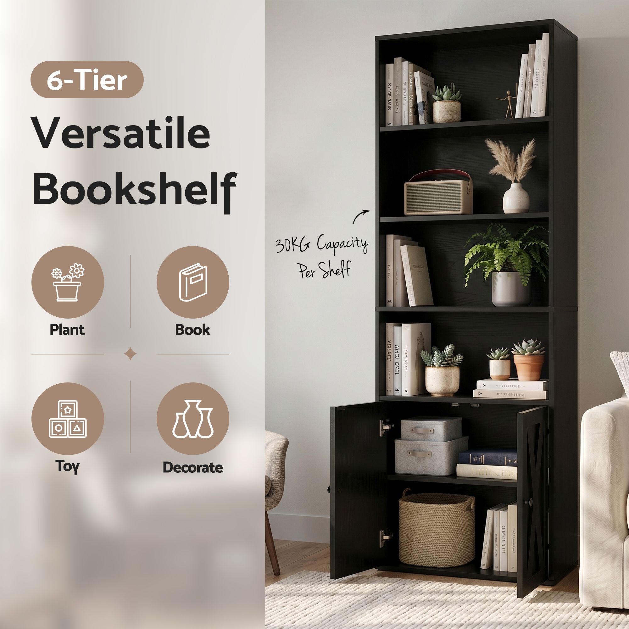 6-Tier Bookshelf Display Cabinet Black | Simpledeals