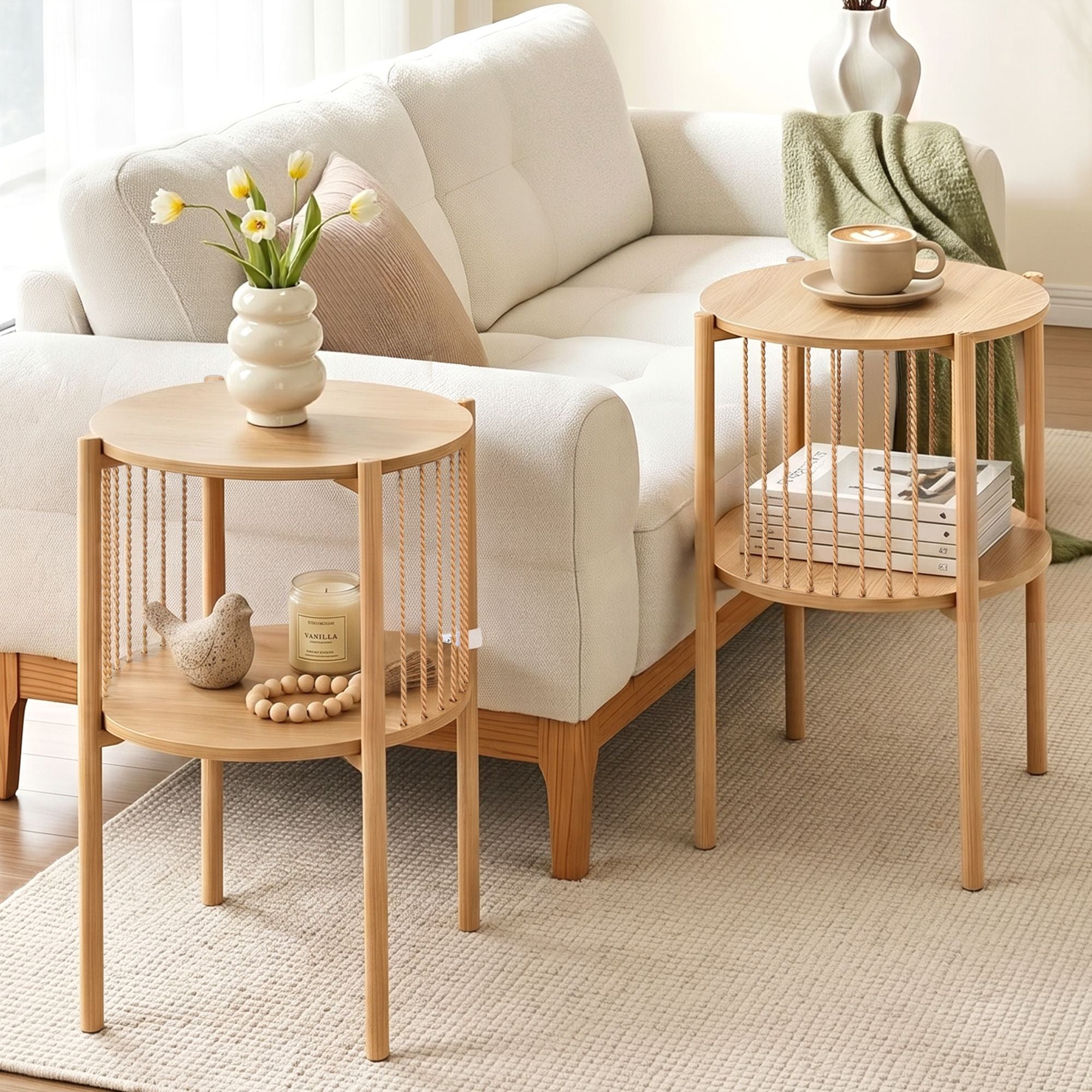 Artiss Round End Tables Set of 2 Boho Timber | Simpledeals