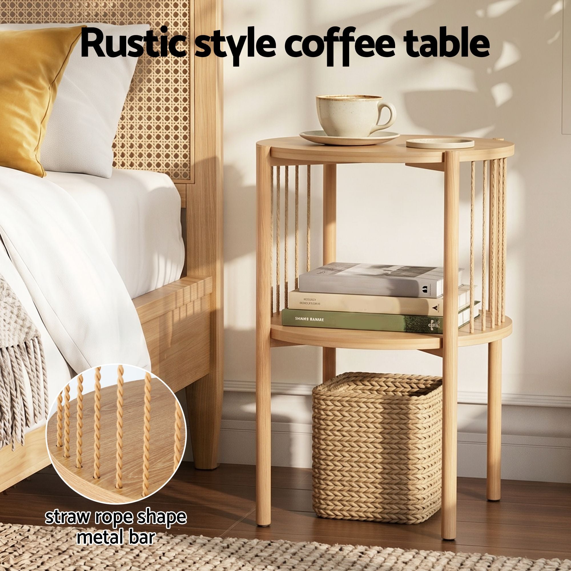 Artiss Round End Tables Set of 2 Boho Timber | Simpledeals