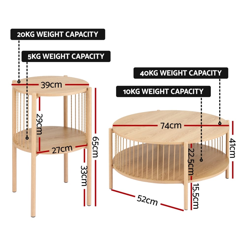 Round Wood 2-Tier Coffee Table 74x74x41cm