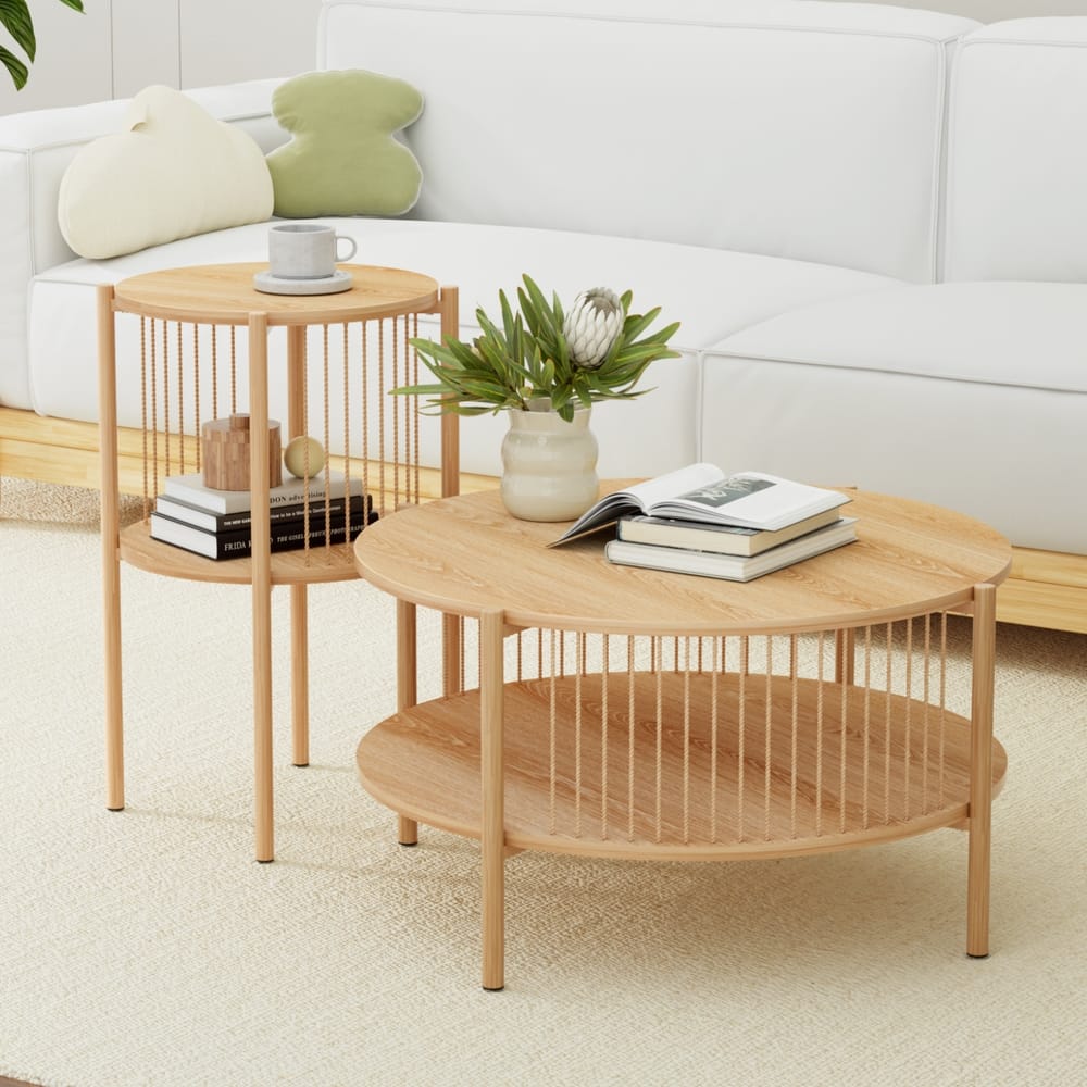 Round Wood 2-Tier Coffee Table 74x74x41cm