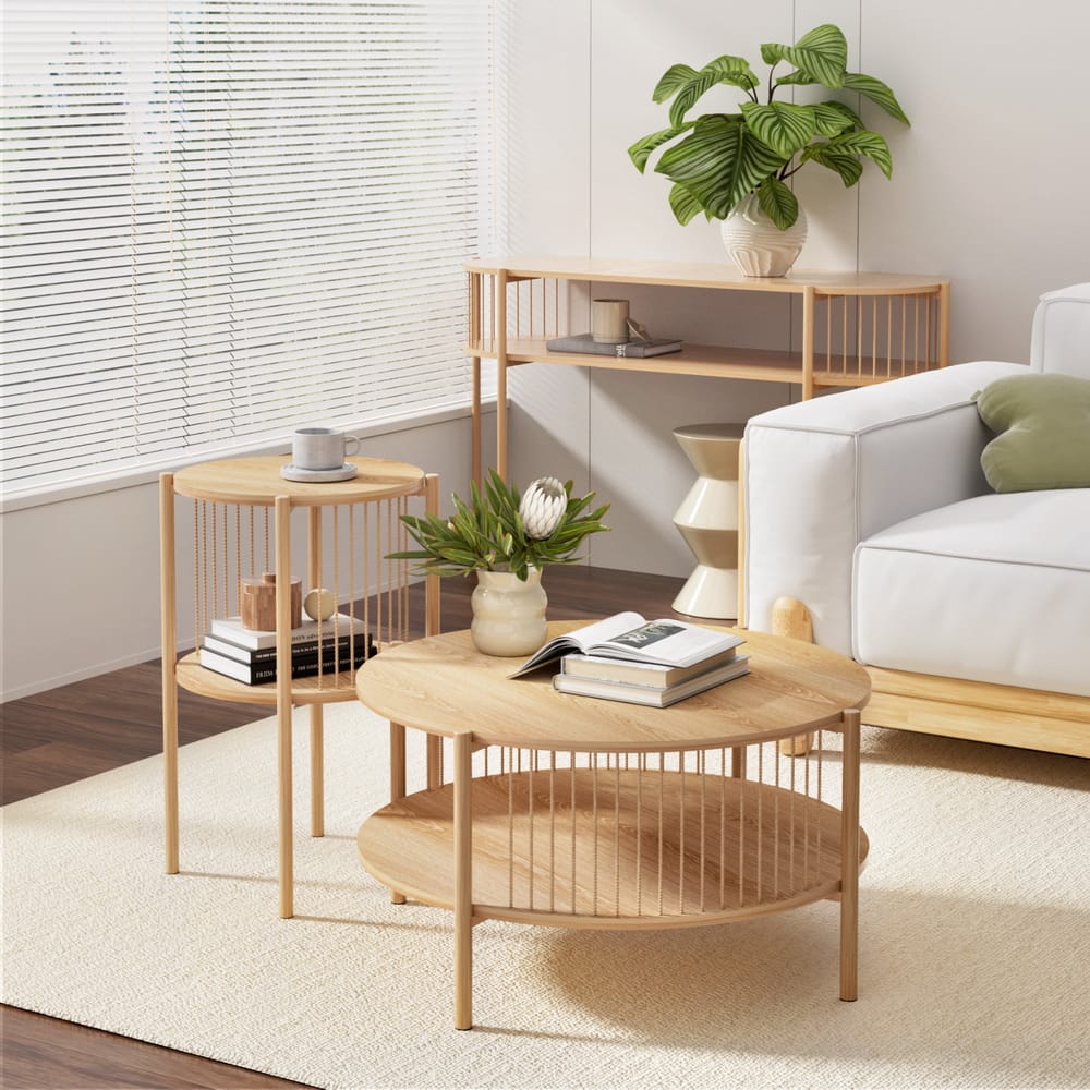 Round Wood Coffee Table 2-Tier 74x74x41cm
