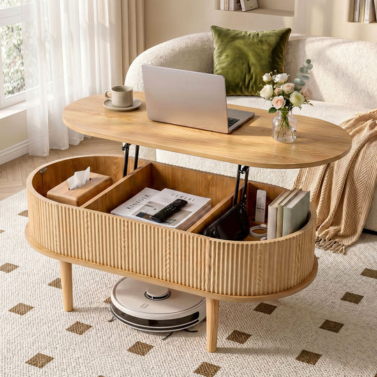 Lift Top Coffee Table Oval Fluted Hidden Storage - Coffee Tables