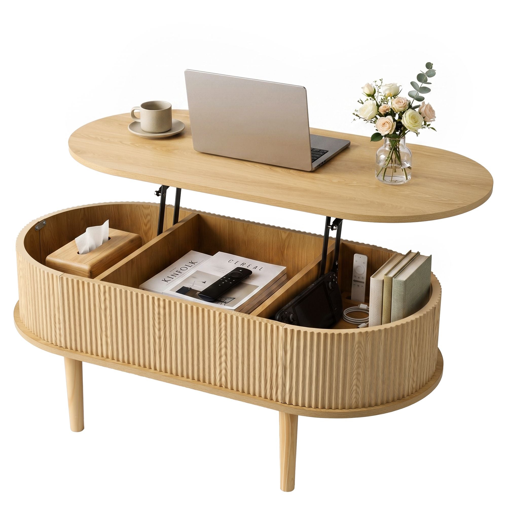 Lift Top Coffee Table Oval Fluted Hidden Storage | Simpledea
