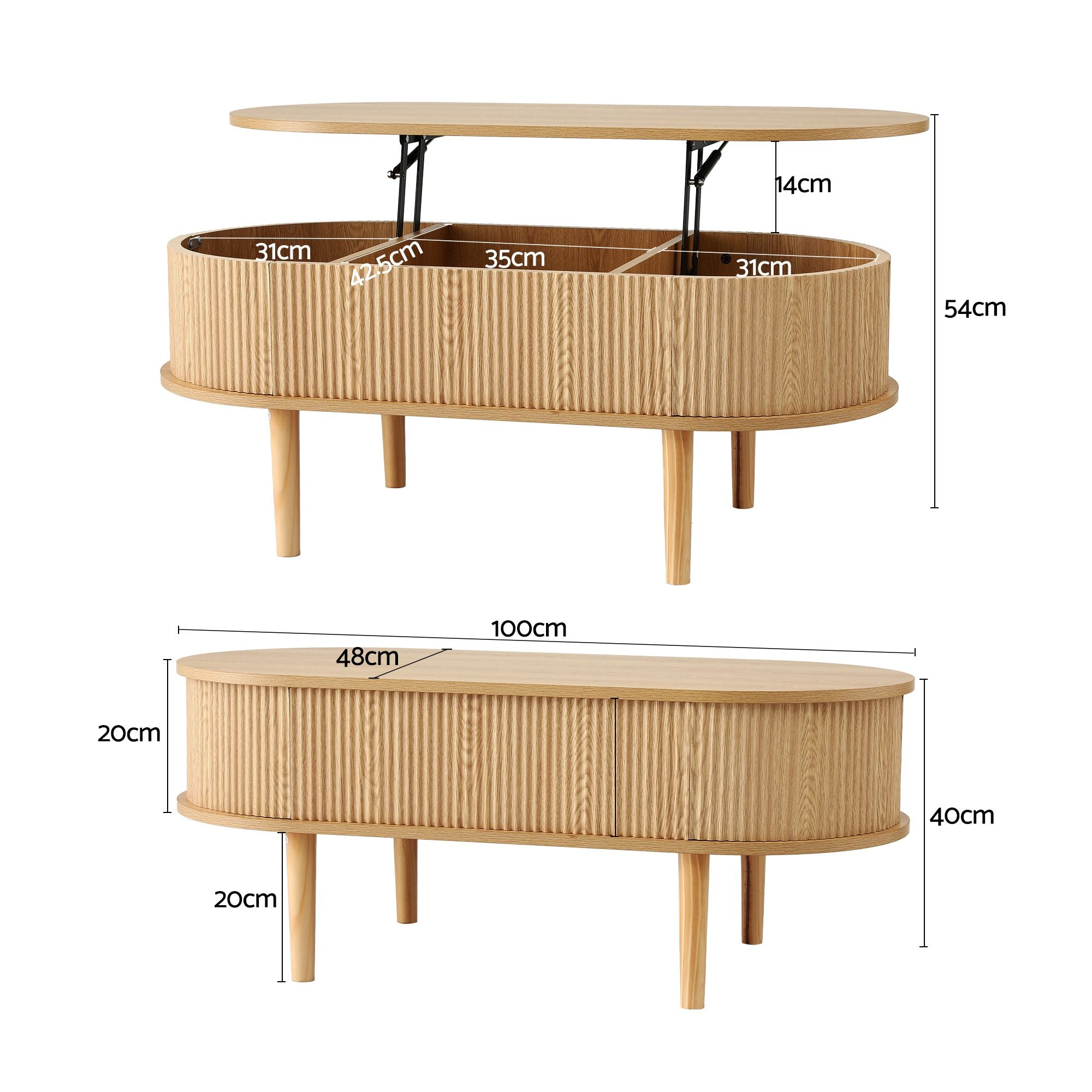 Lift Top Coffee Table Oval Fluted Hidden Storage | Simpledea