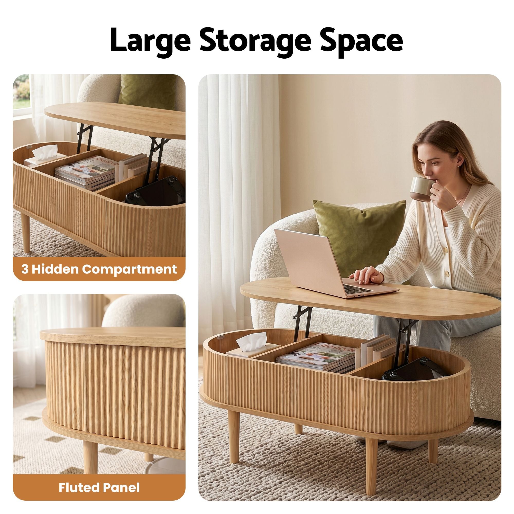 Lift Top Coffee Table Oval Fluted Hidden Storage | Simpledea