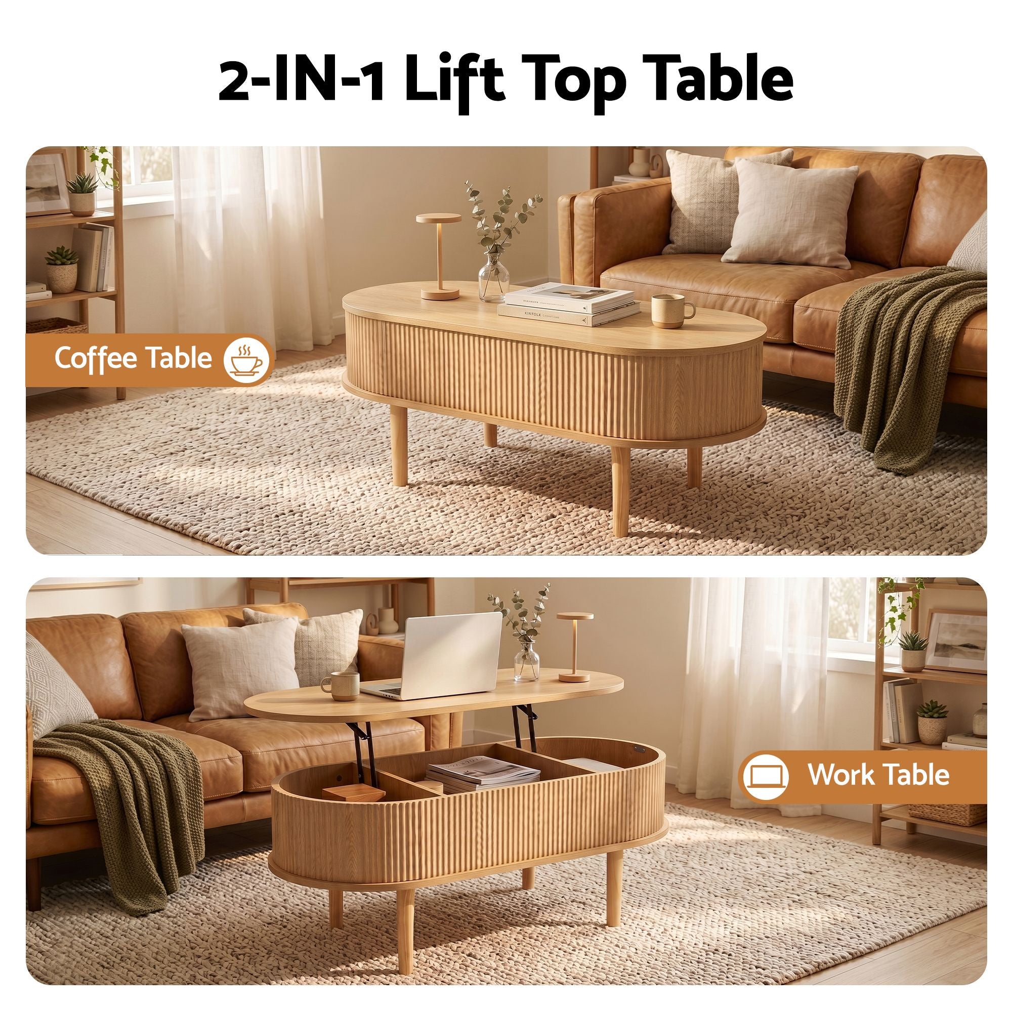 Lift Top Coffee Table Oval Fluted Hidden Storage | Simpledea