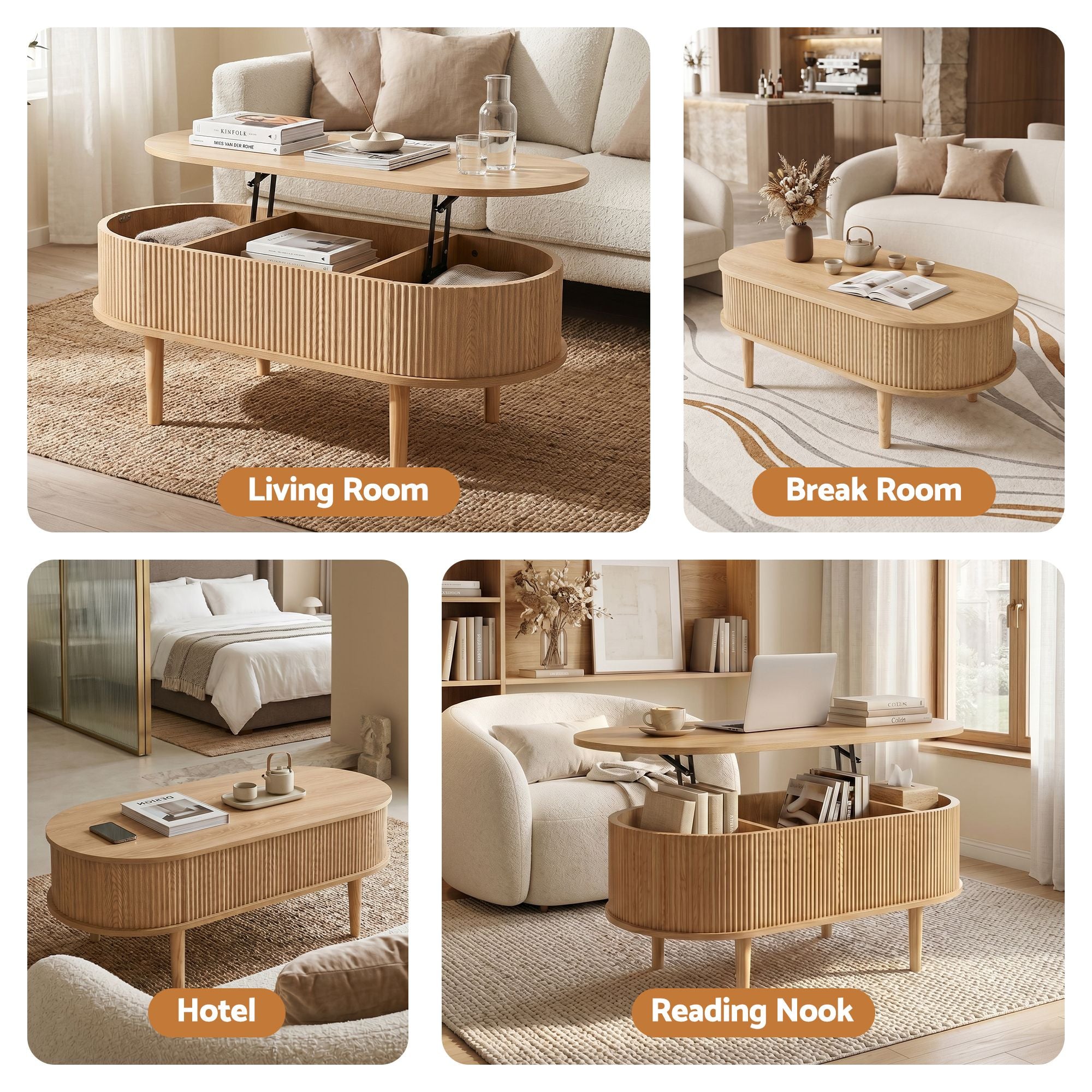 Lift Top Coffee Table Oval Fluted Hidden Storage | Simpledea