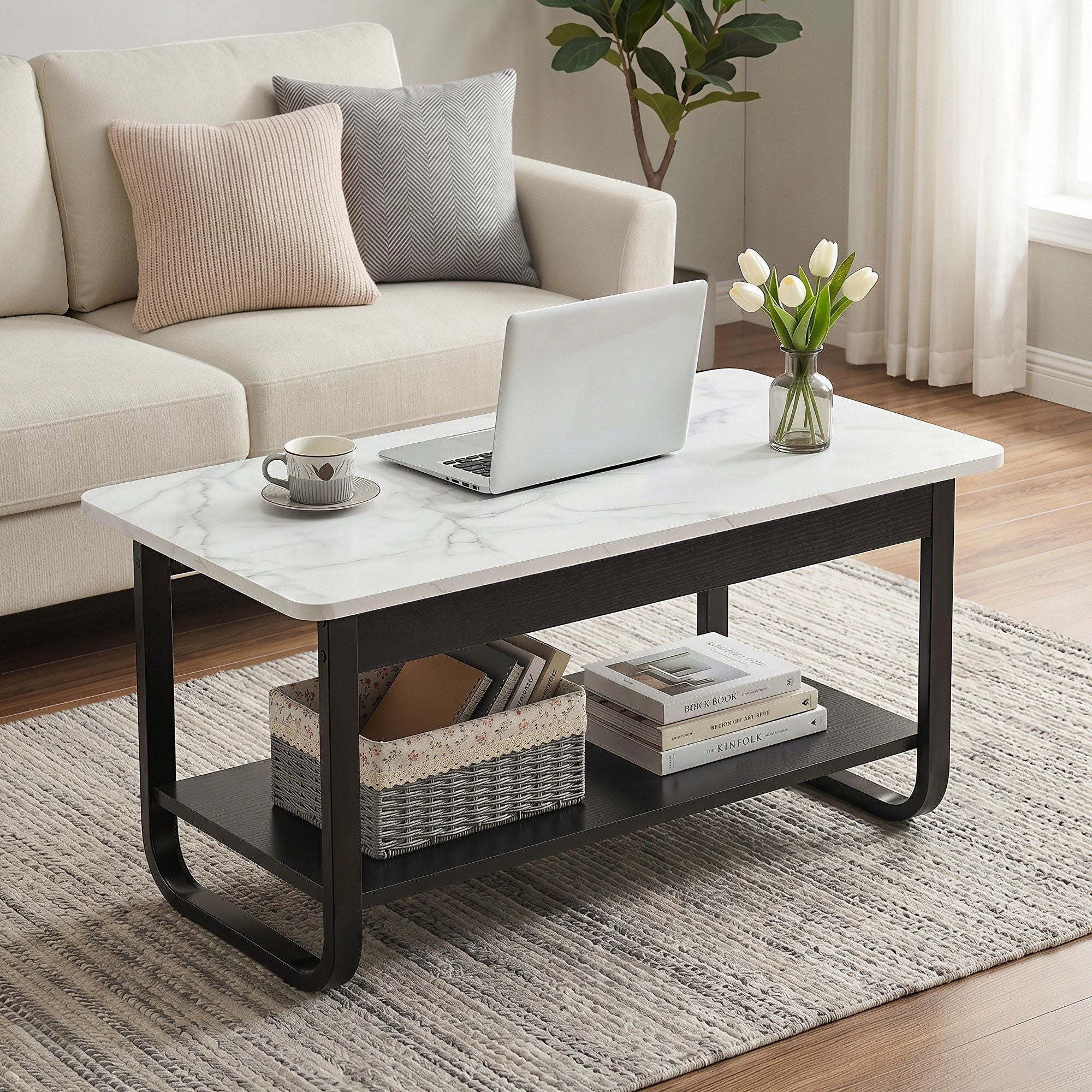 Marble Coffee Table 2-Tier 80cm Black White | Simpledeals