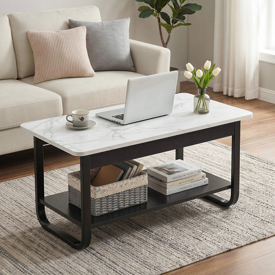 Marble Coffee Table 2-Tier 80cm Black White - Coffee Tables