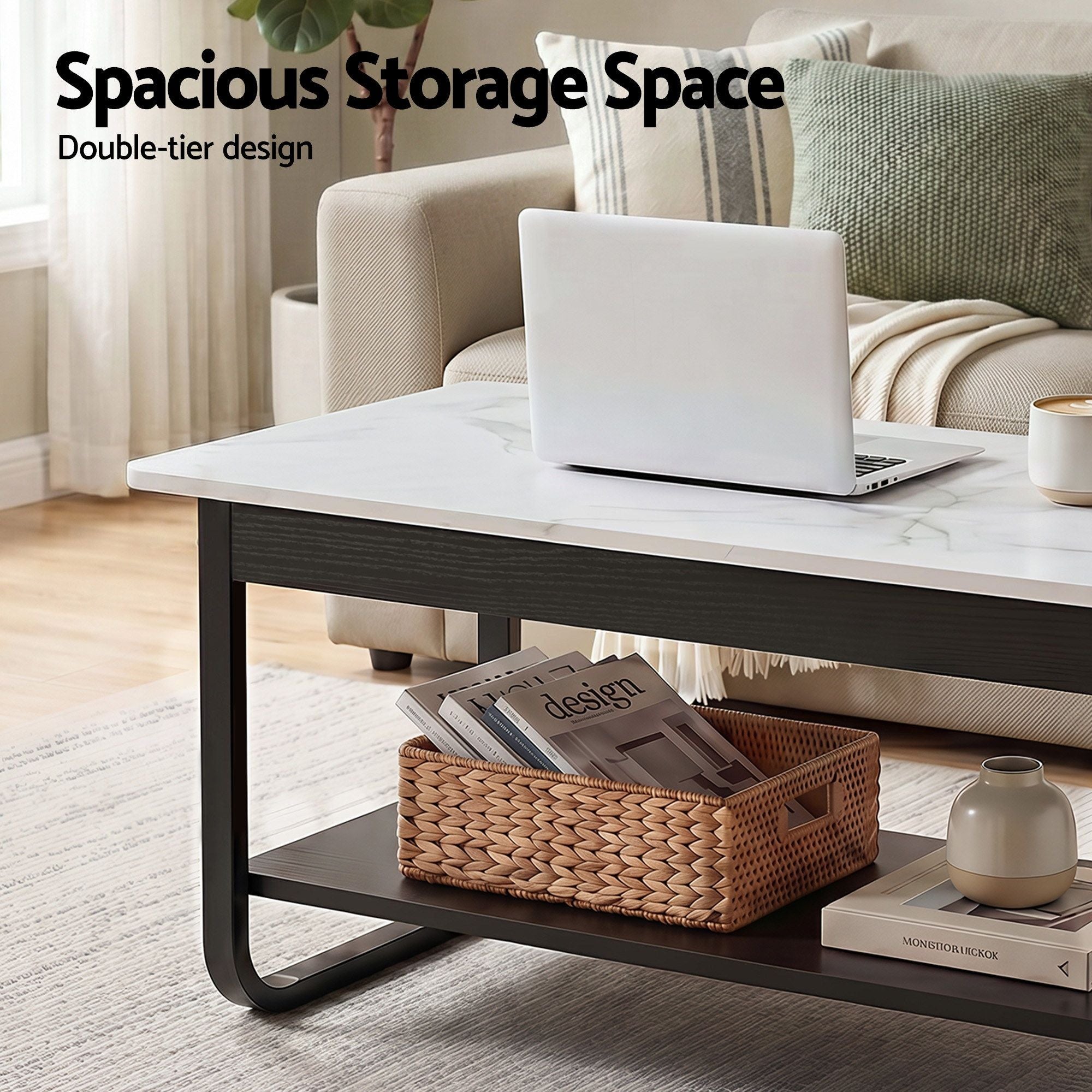 Marble Coffee Table 2-Tier 80cm Black White | Simpledeals