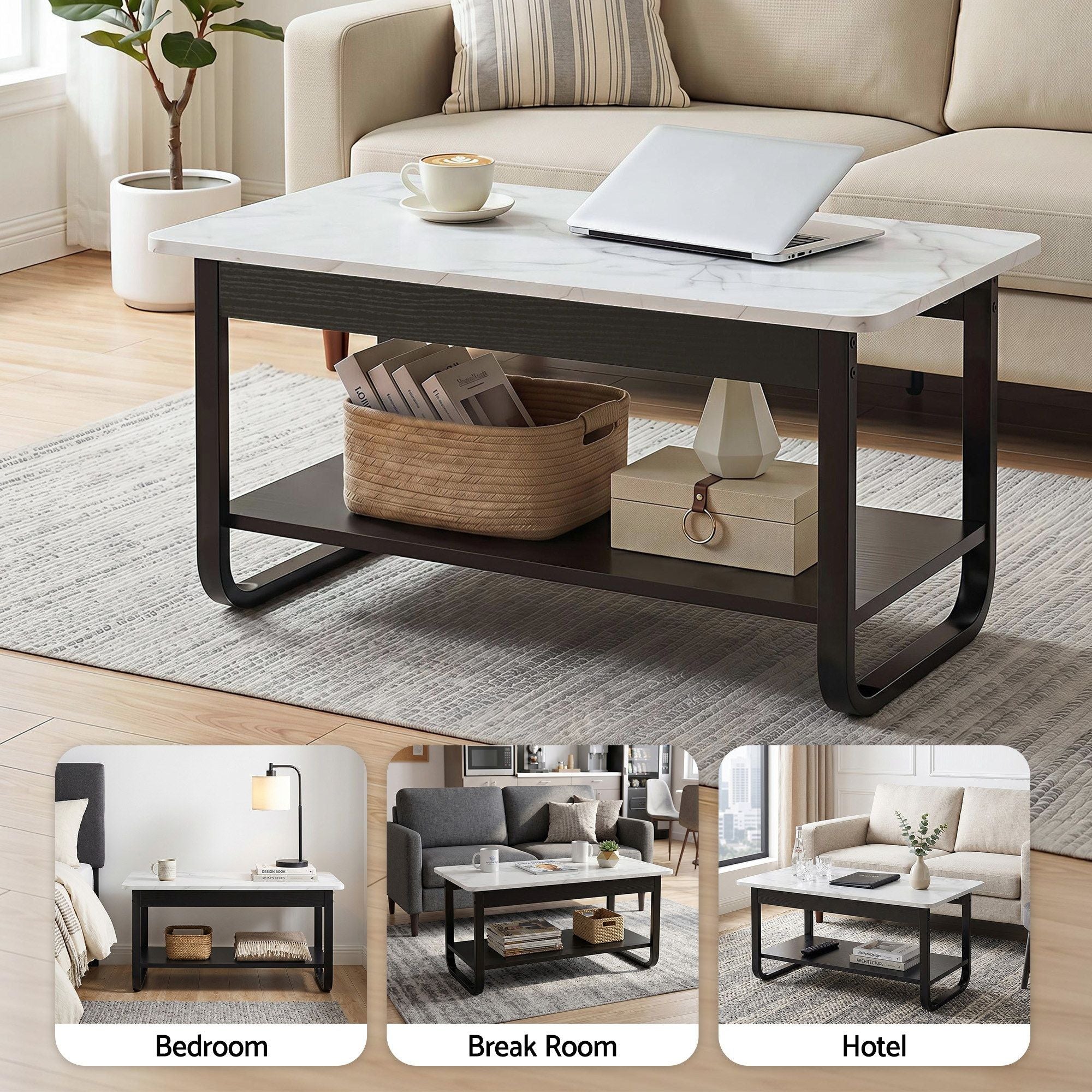 Marble Coffee Table 2-Tier 80cm Black White | Simpledeals