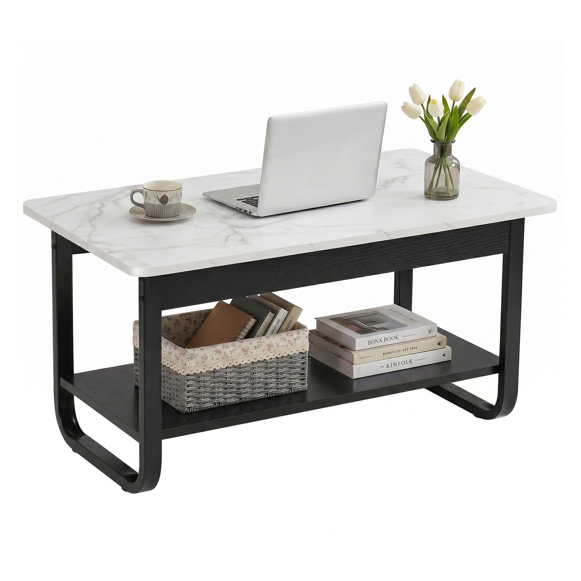 Marble Coffee Table 2-Tier 80cm Black White | Simpledeals