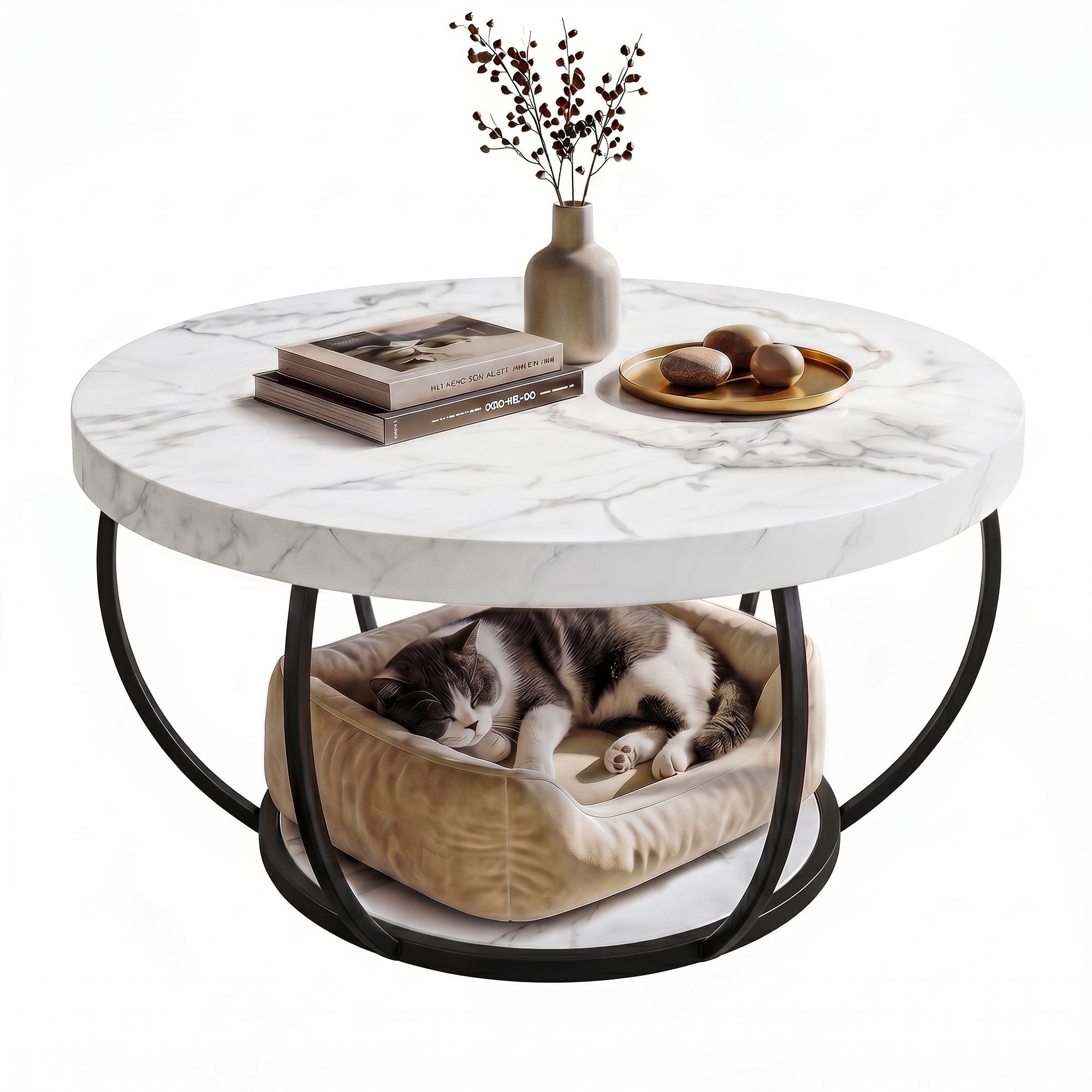 Round Marble Coffee Table 2-Tier White Black | Simpledeals