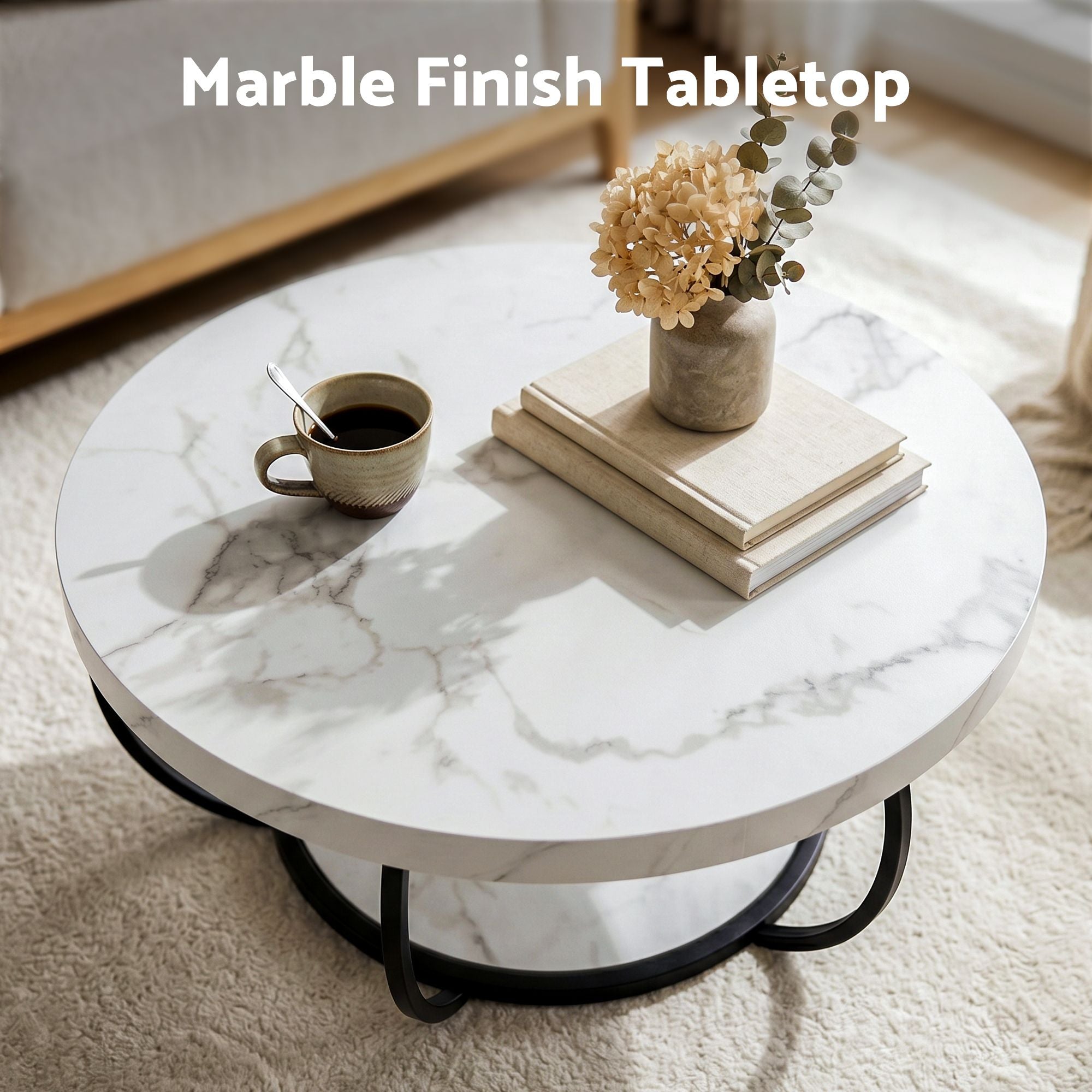 Round Marble Coffee Table 2-Tier White Black | Simpledeals