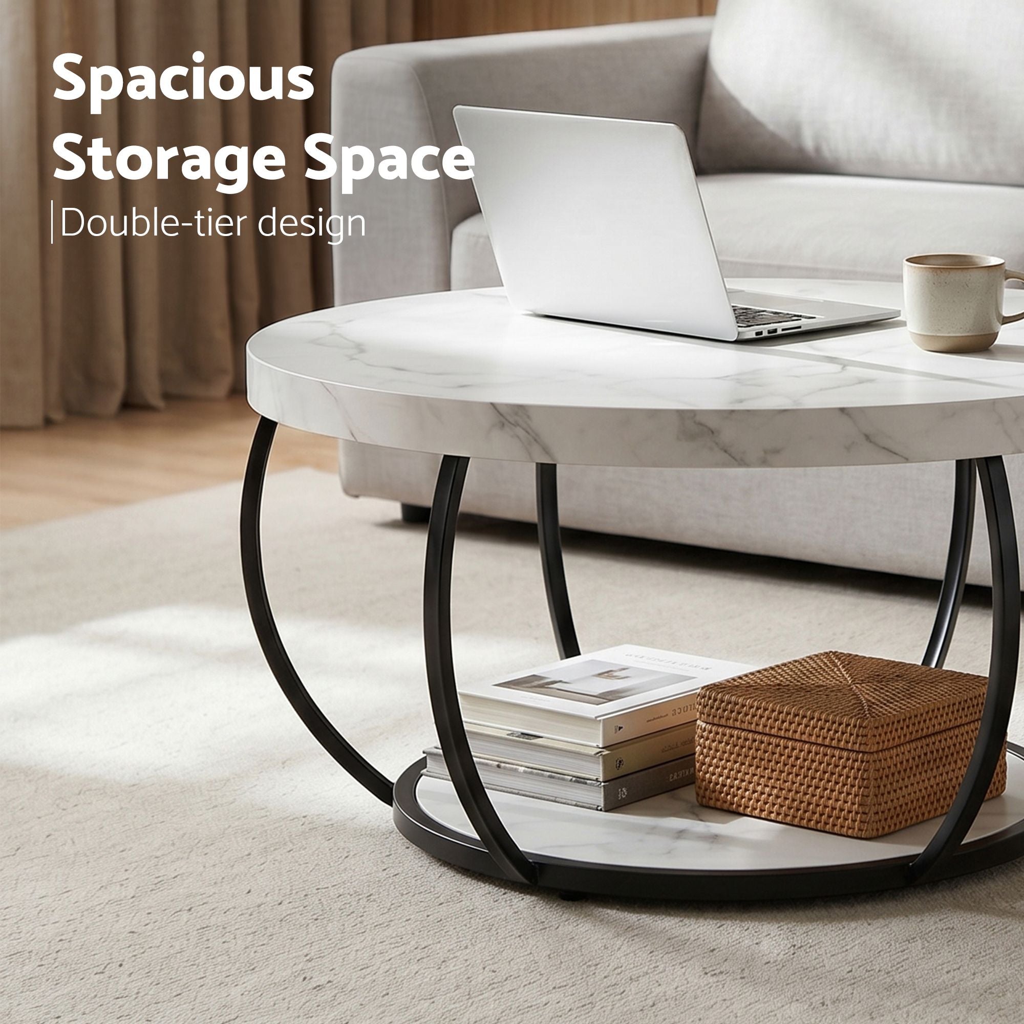 Round Marble Coffee Table 2-Tier White Black | Simpledeals