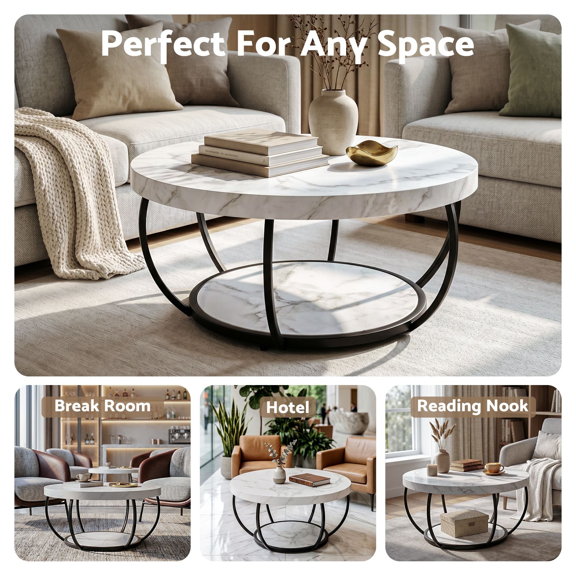 Round Marble Coffee Table 2-Tier White Black | Simpledeals