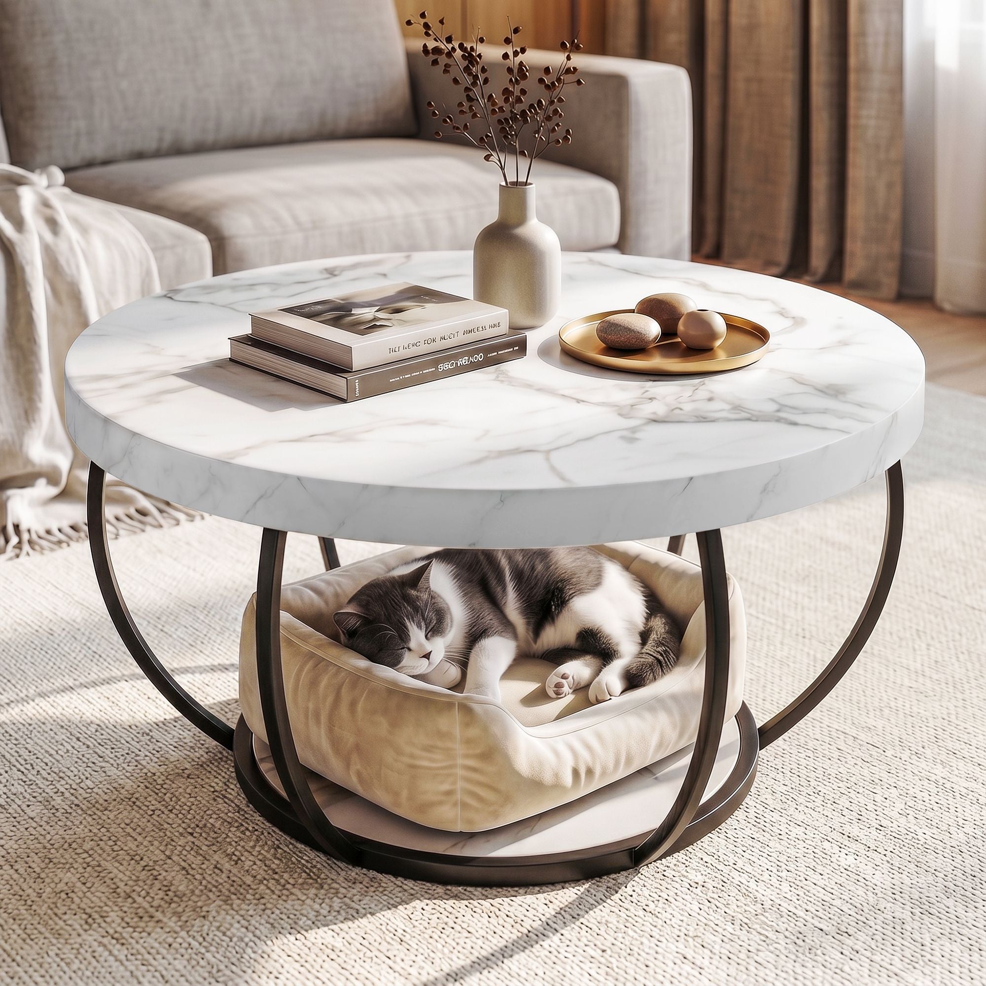 Round Marble Coffee Table 2-Tier White Black | Simpledeals