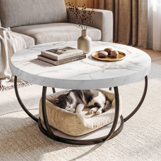 Round Marble Coffee Table 2-Tier White Black - Coffee Tables