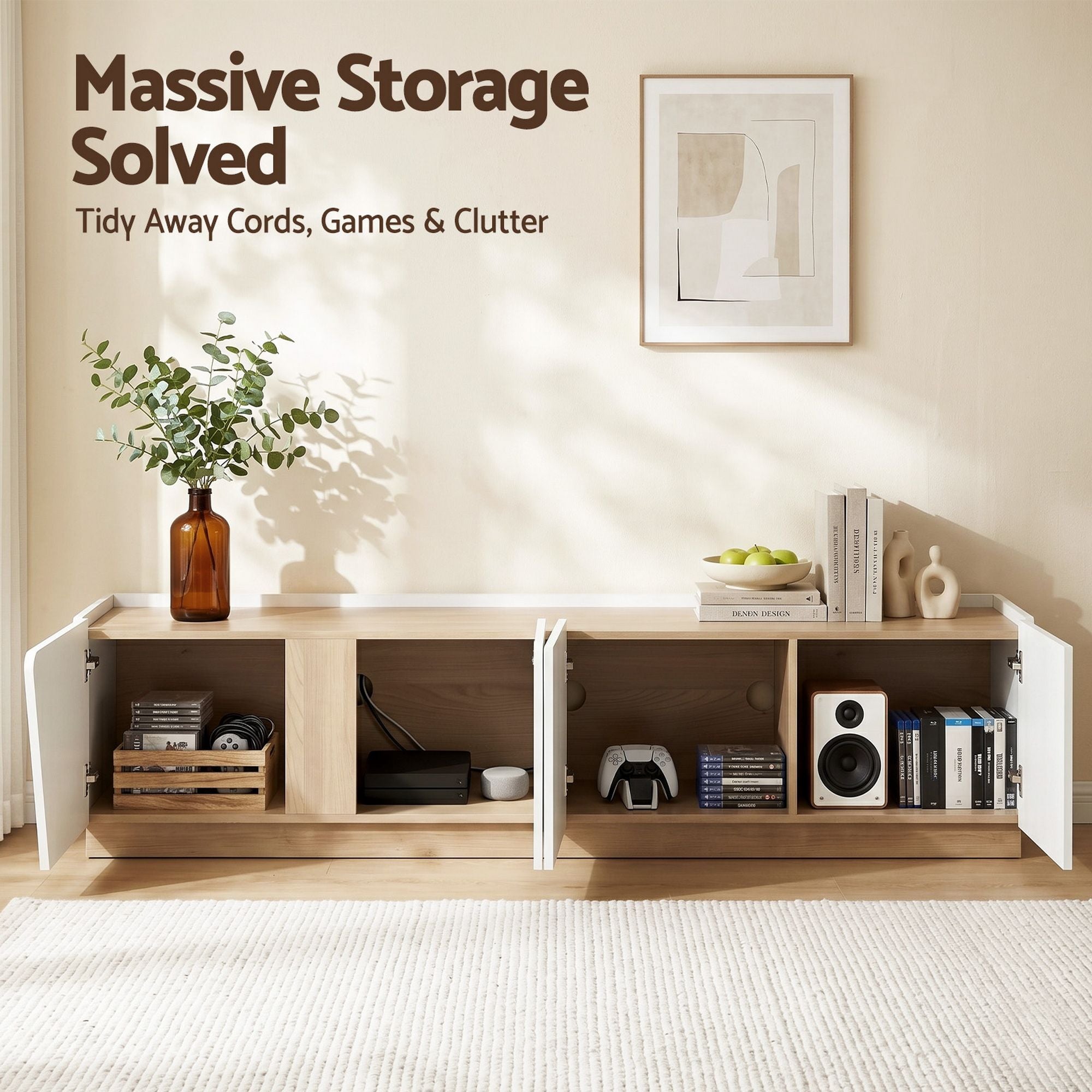 180cm TV Unit Cabinet White Pine Storage | Simpledeals