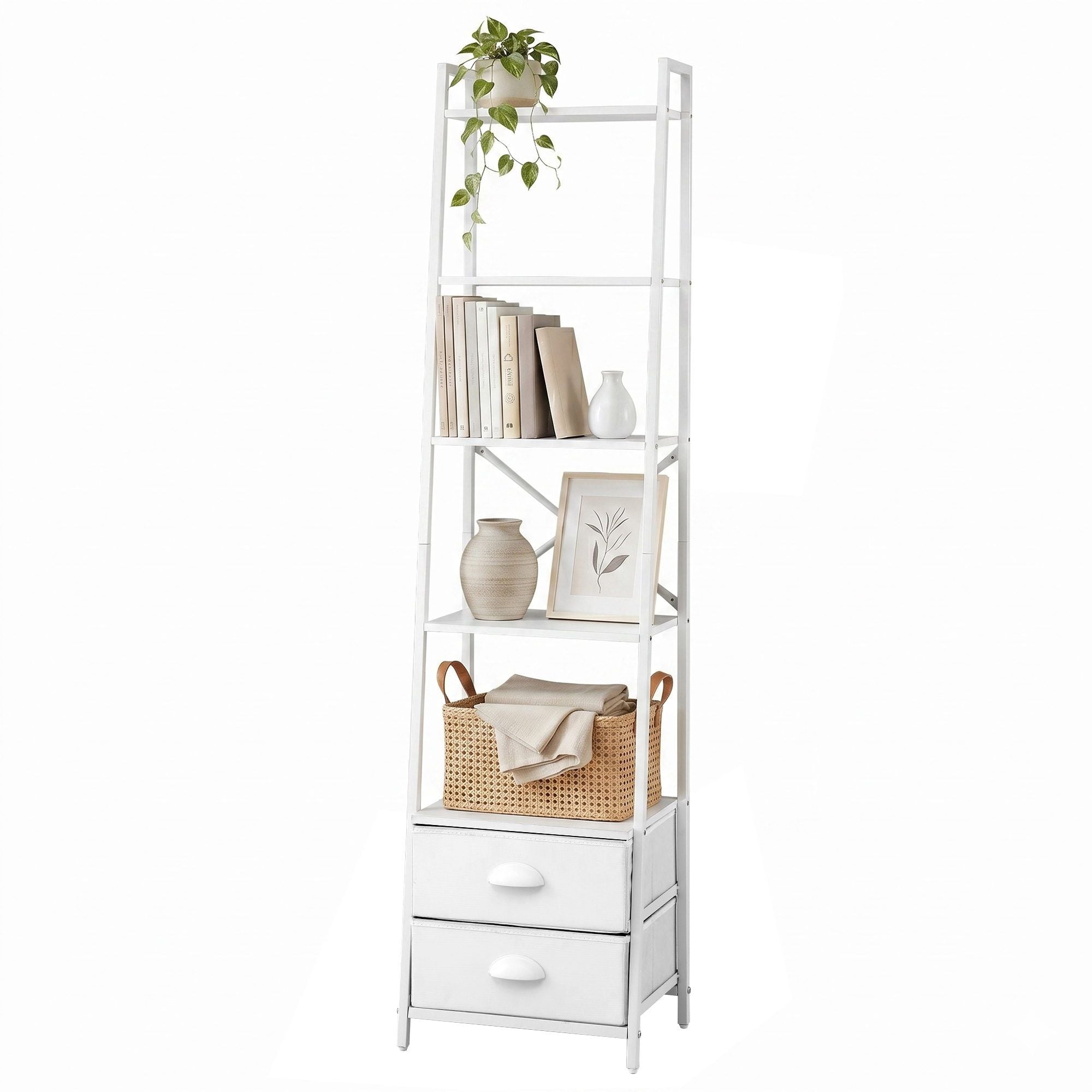 5 Tier Ladder Bookcase Fabric Drawers White | Simpledeals