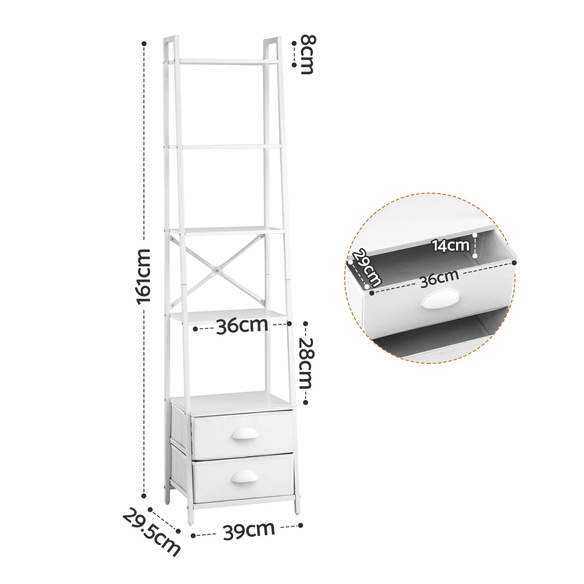 5 Tier Ladder Bookcase Fabric Drawers White | Simpledeals