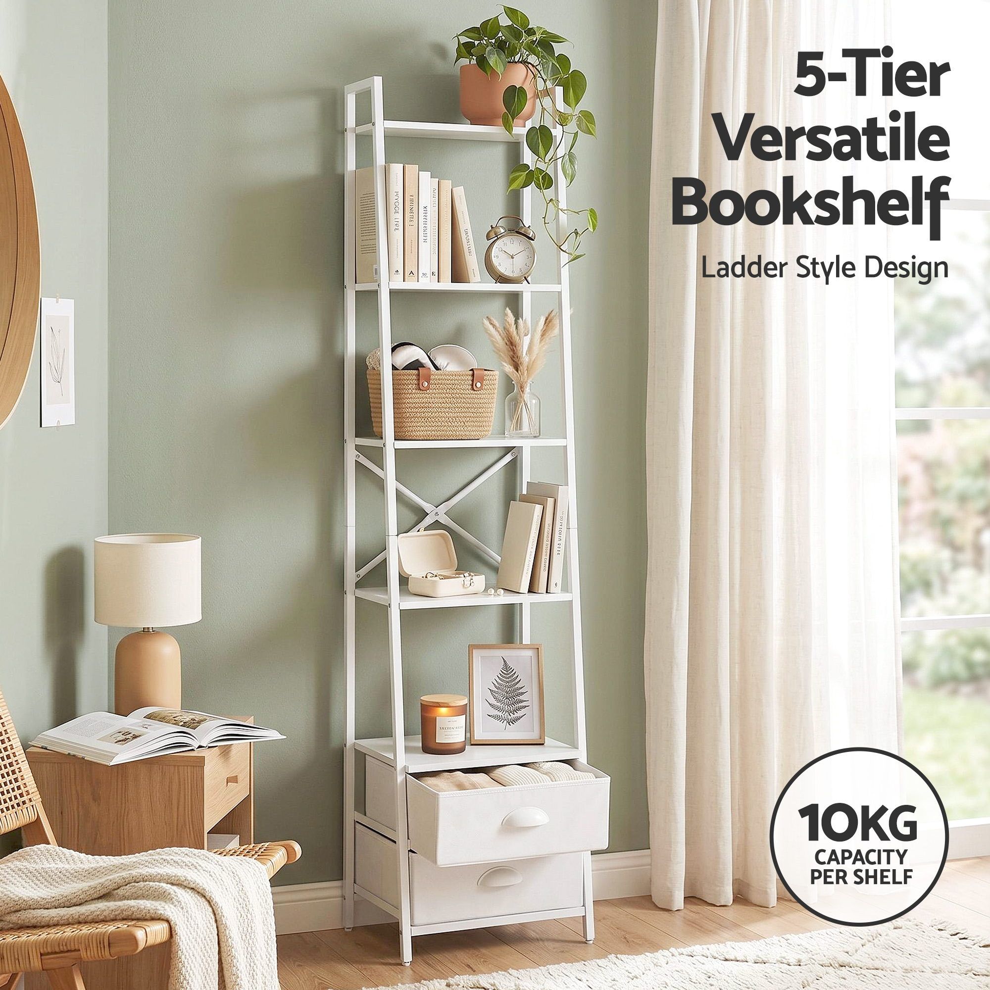 5 Tier Ladder Bookcase Fabric Drawers White | Simpledeals