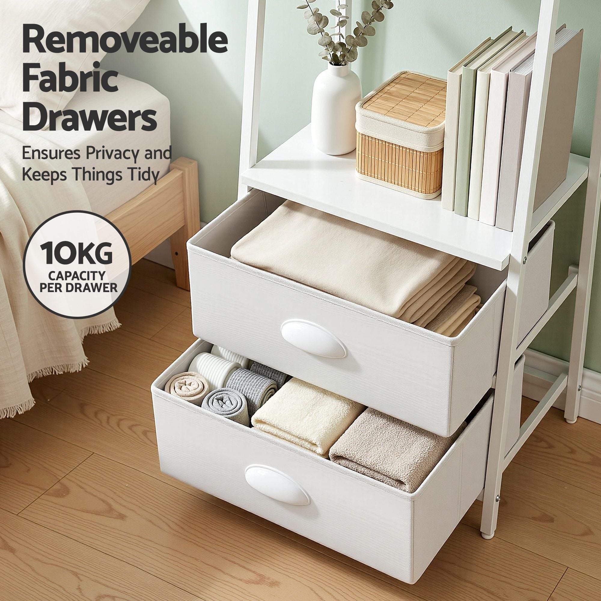 5 Tier Ladder Bookcase Fabric Drawers White | Simpledeals