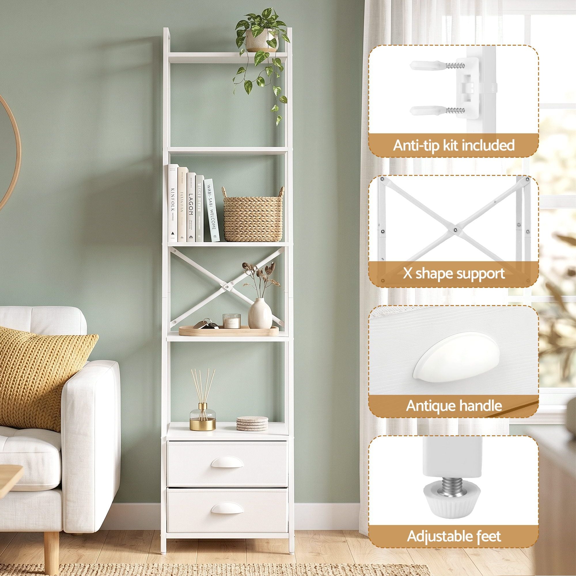 5 Tier Ladder Bookcase Fabric Drawers White | Simpledeals