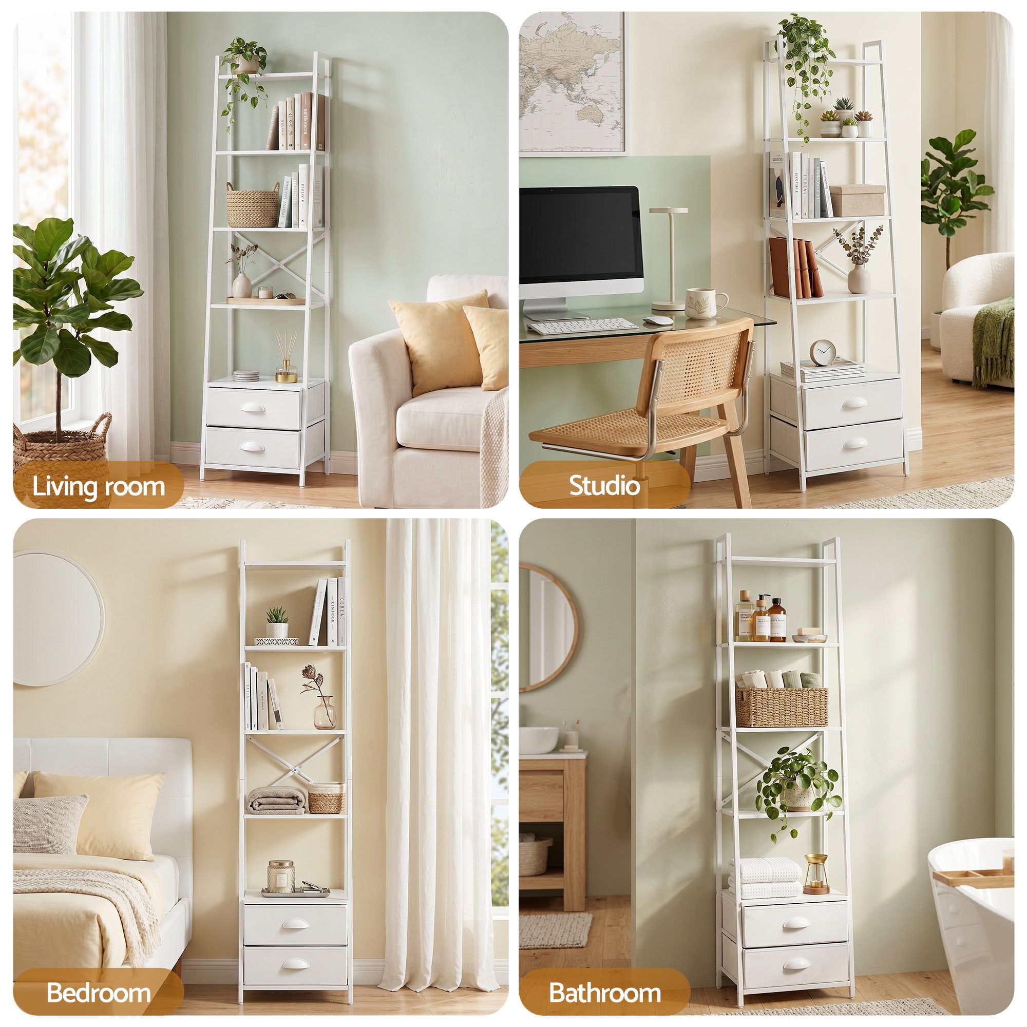 5 Tier Ladder Bookcase Fabric Drawers White | Simpledeals