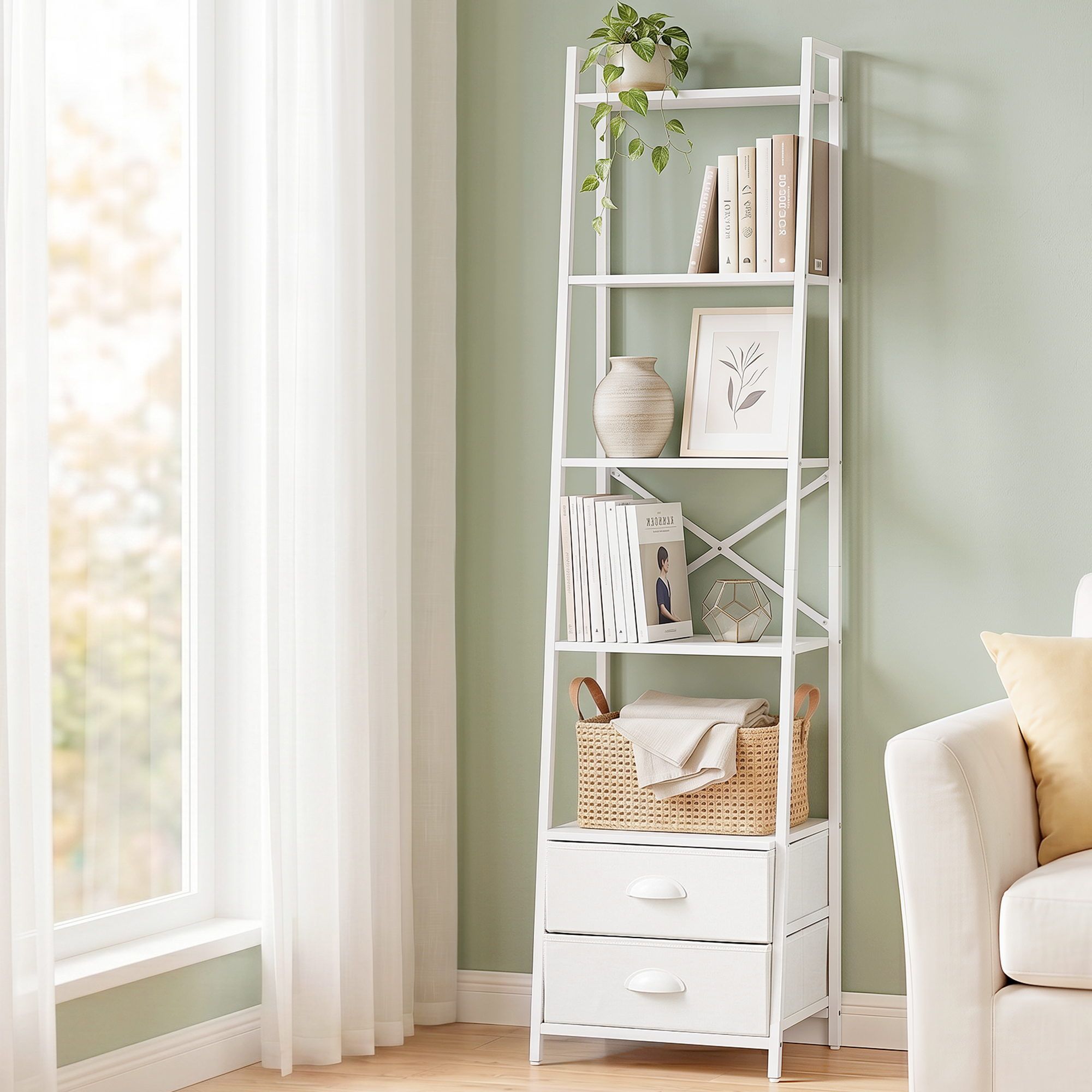 5 Tier Ladder Bookcase Fabric Drawers White | Simpledeals
