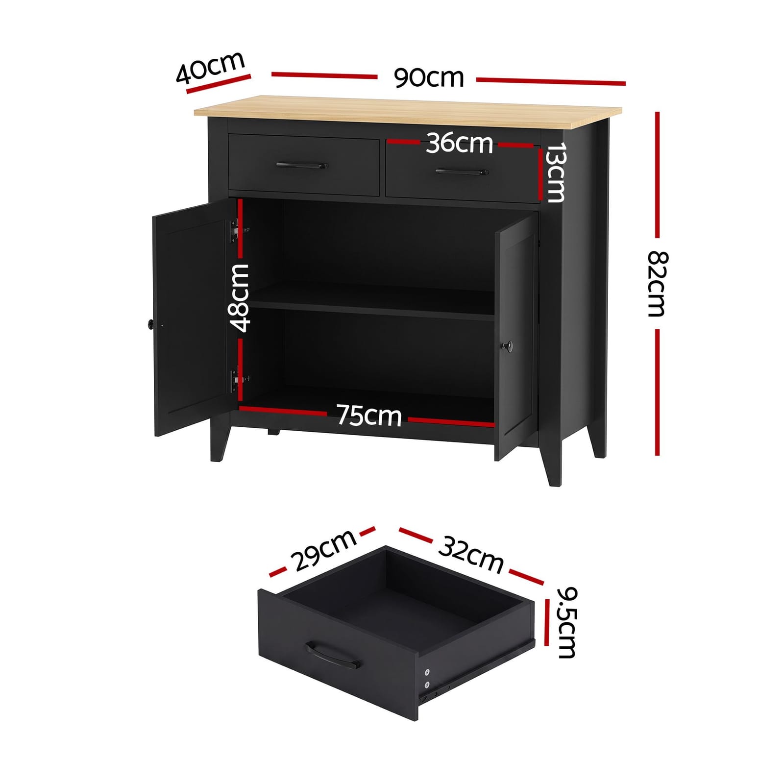 Black Buffet Cabinet Storage 90x40x82cm