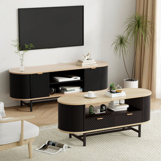 TV Unit Coffee Table Set Storage Drawers Black Pine