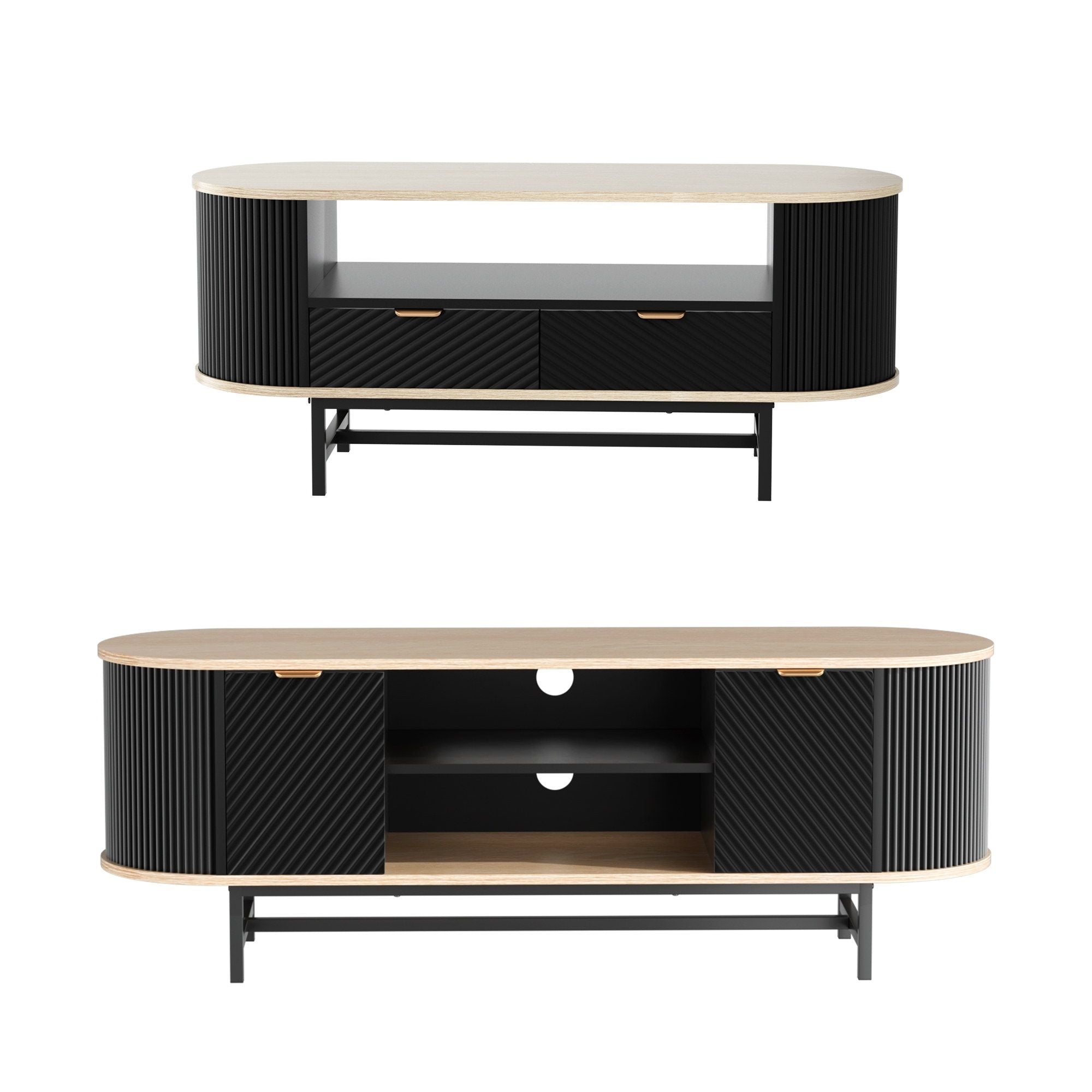 TV Unit Coffee Table Set Storage Drawers Black Pine | Simpledeals
