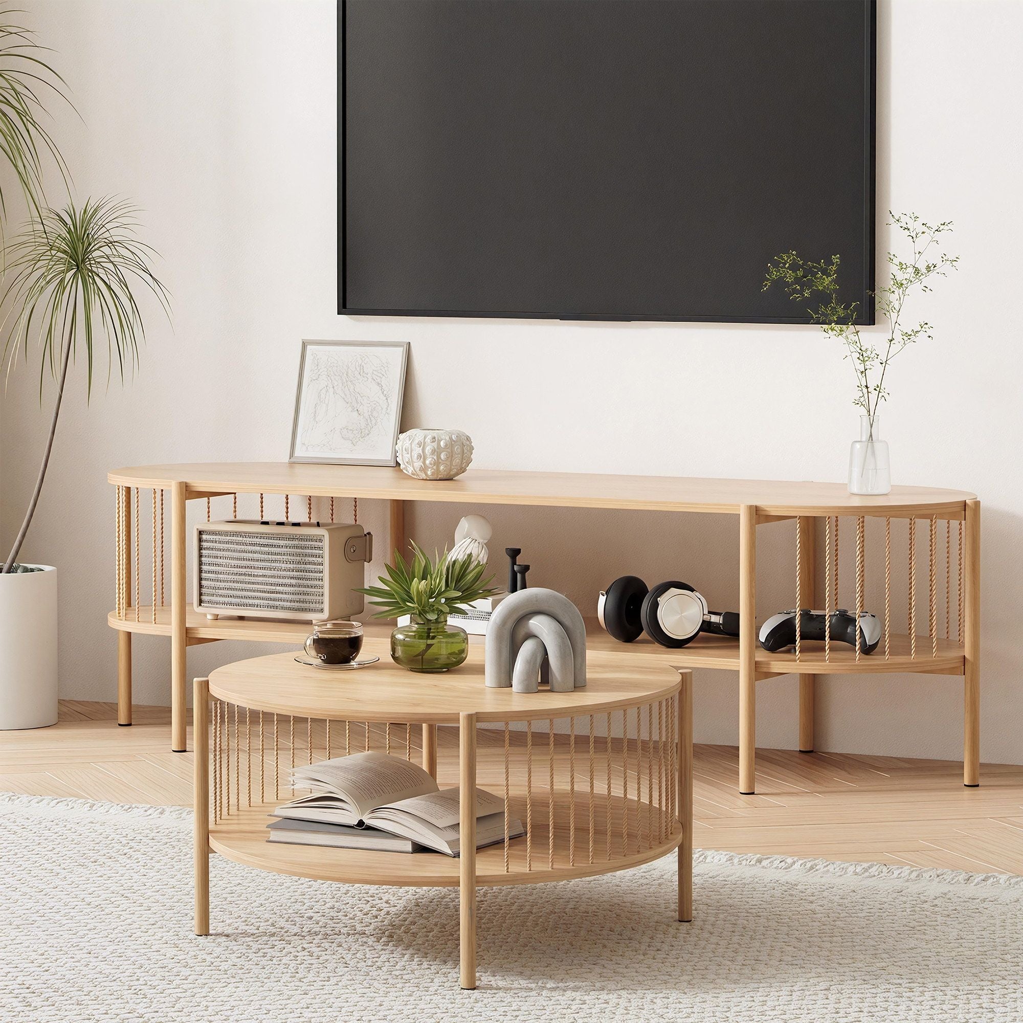 Artiss TV Unit Coffee Table Set Pine Storage | Simpledeals